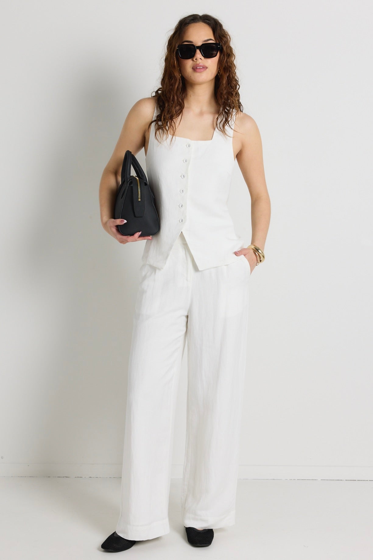 Island Ivory Linen Viscose Pleat Front Wide Leg Pants for Women - Comfortable High Waisted Trousers for Office, Travel & Casual Wear