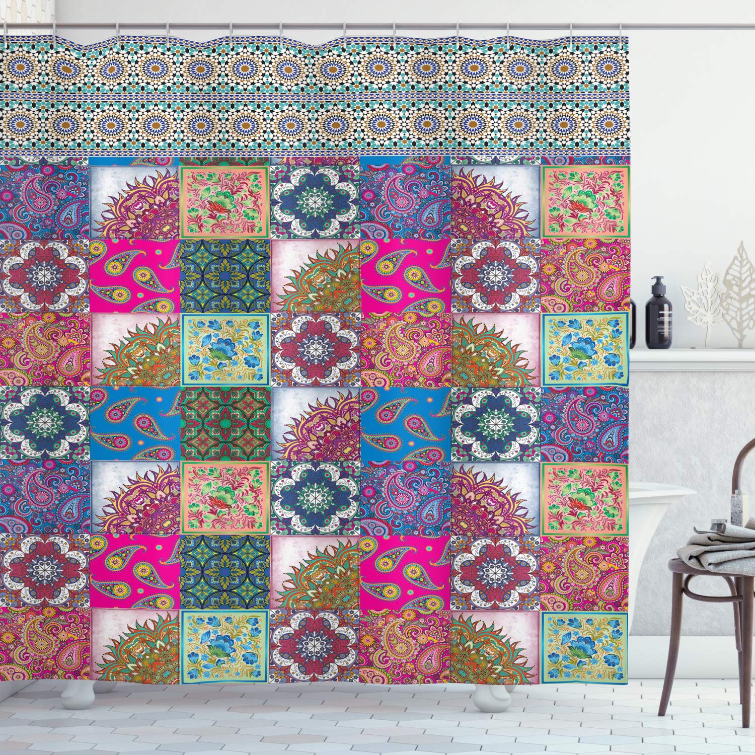 Ambesonne Boho Shower Curtain - Oriental Patchwork Design with Bold Geometric Motifs, 69x84 Inch Colorful Fabric Bathroom Decor with Hooks | Perfect for Bohemian & Eclectic Bathroom Styles