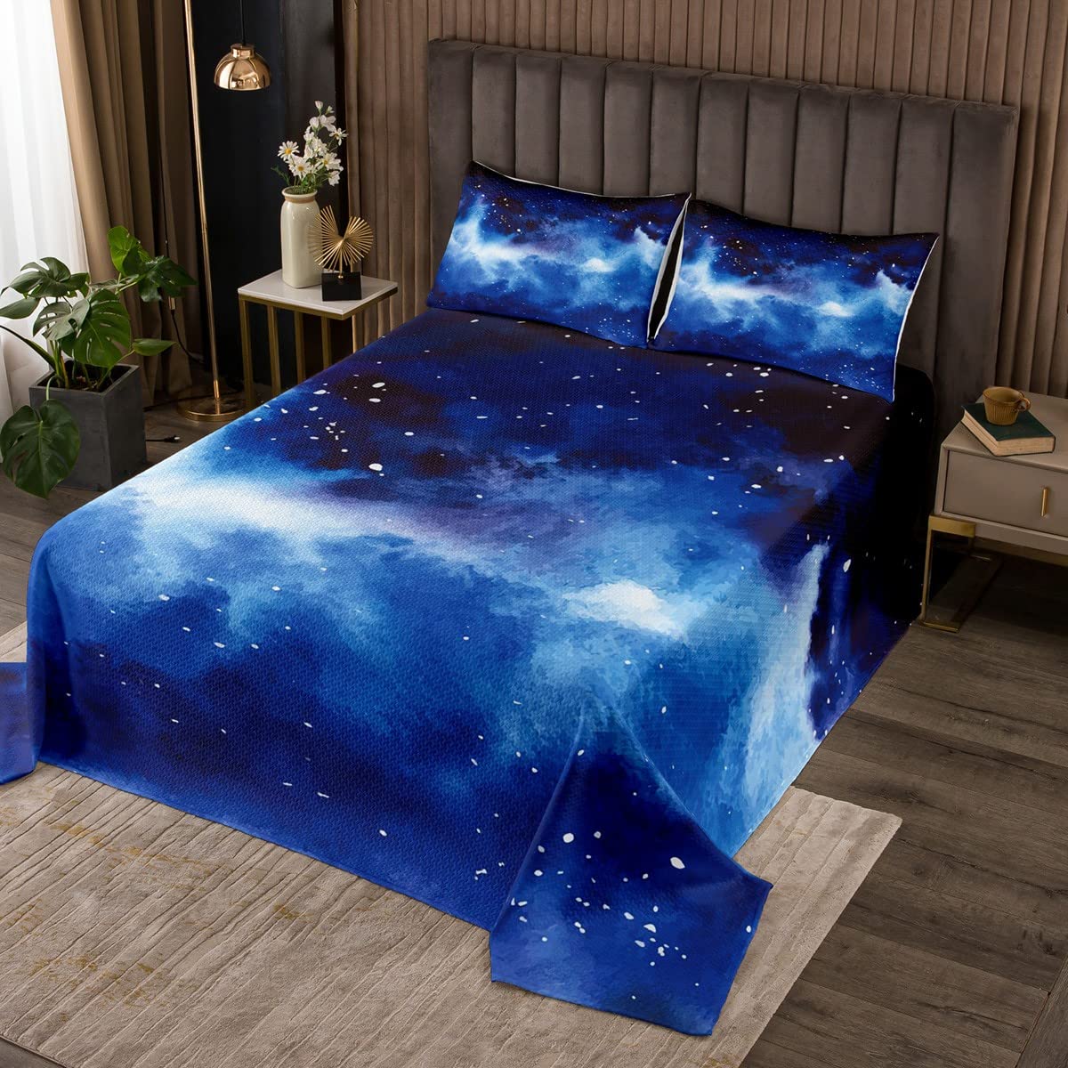 Feelyou Blue Galaxy Bedspread Set - Outer Space Themed Quilted Coverlet with 2 Pillowcases for Kids (King Size) | Starry Night Bedding Collection for Boys & Girls | Perfect for Space-Themed Bedrooms, Kids' Rooms & Astronomy Lovers