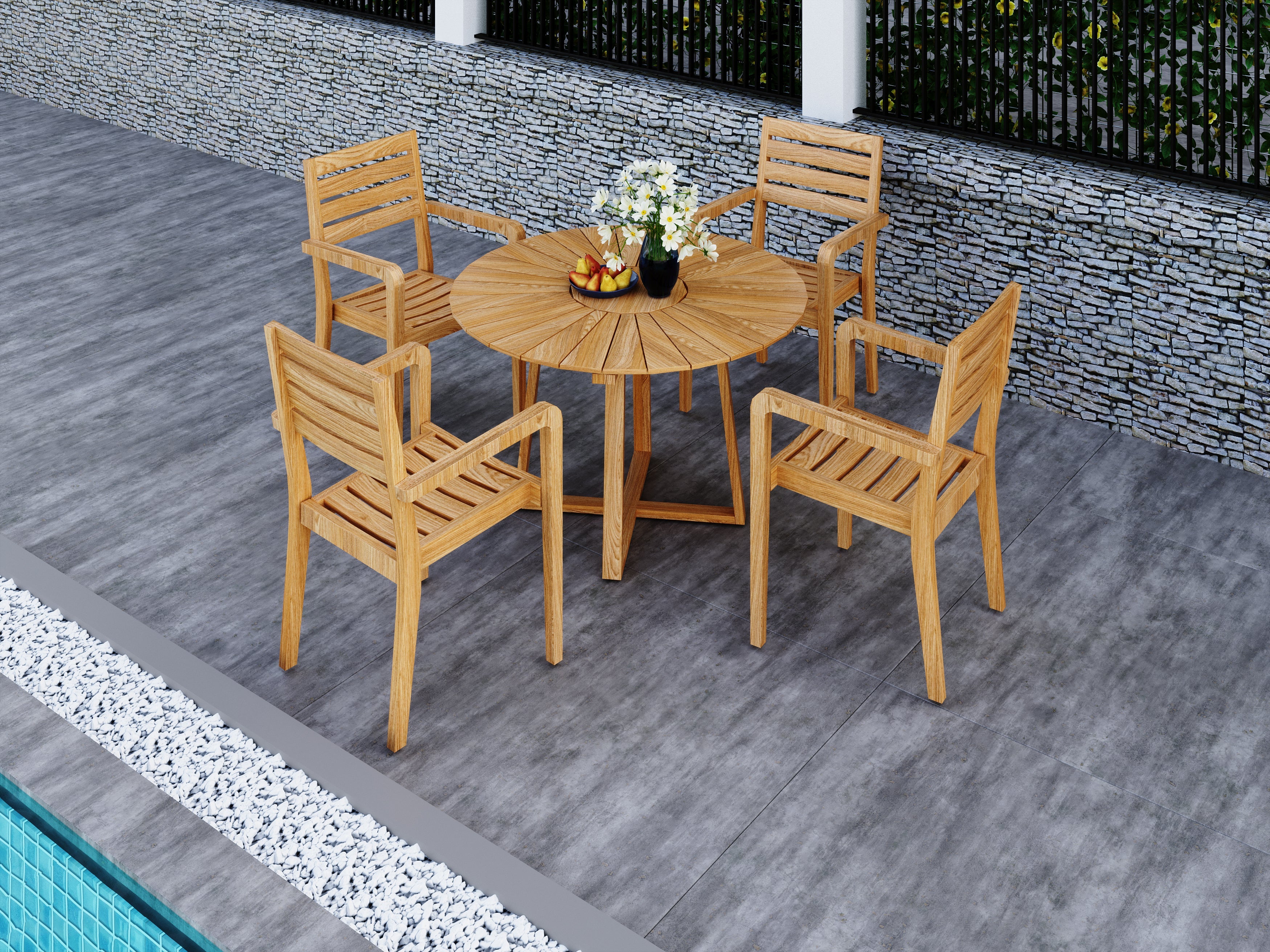 Premium Teak Outdoor Dining Stacking Armchairs (Set of 4) - Weather-Resistant Patio Furniture for Garden, Poolside & Backyard Dining