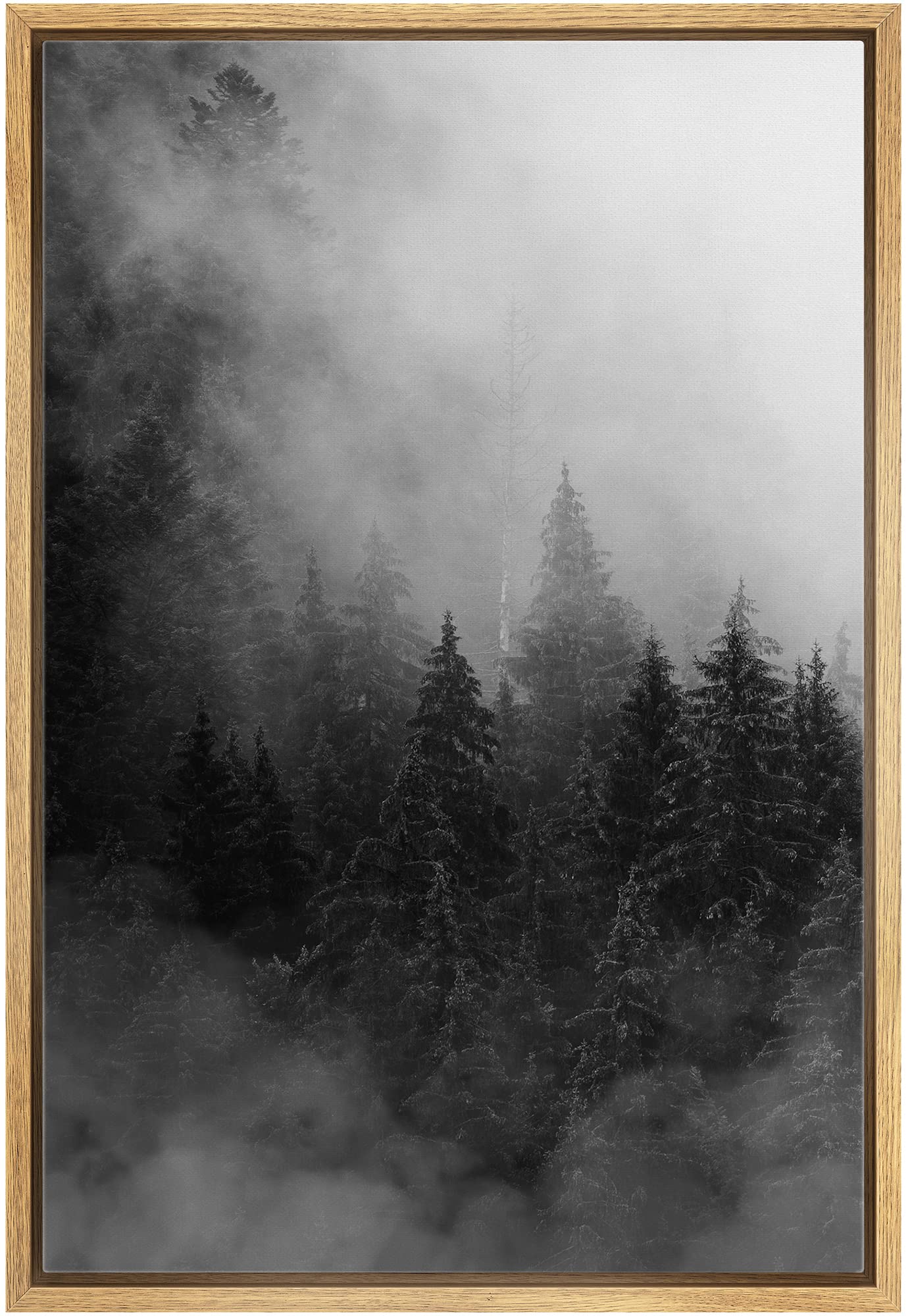 IDEA4WALL Framed Canvas Print - Black & White Dark Pine Forest in The Mist, Woodland Nursery Decor, Nature Wilderness Realism, Dramatic Cool Wall Art for Living Room, Bedroom, Office, 16