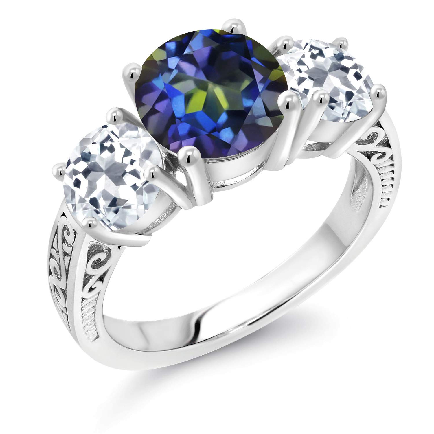 3.80 Ct Round Blue Mystic Topaz & White Topaz 925 Sterling Silver 3-Stone Ring for Women | Elegant Jewelry Gift for Anniversary, Engagement & Special Occasions