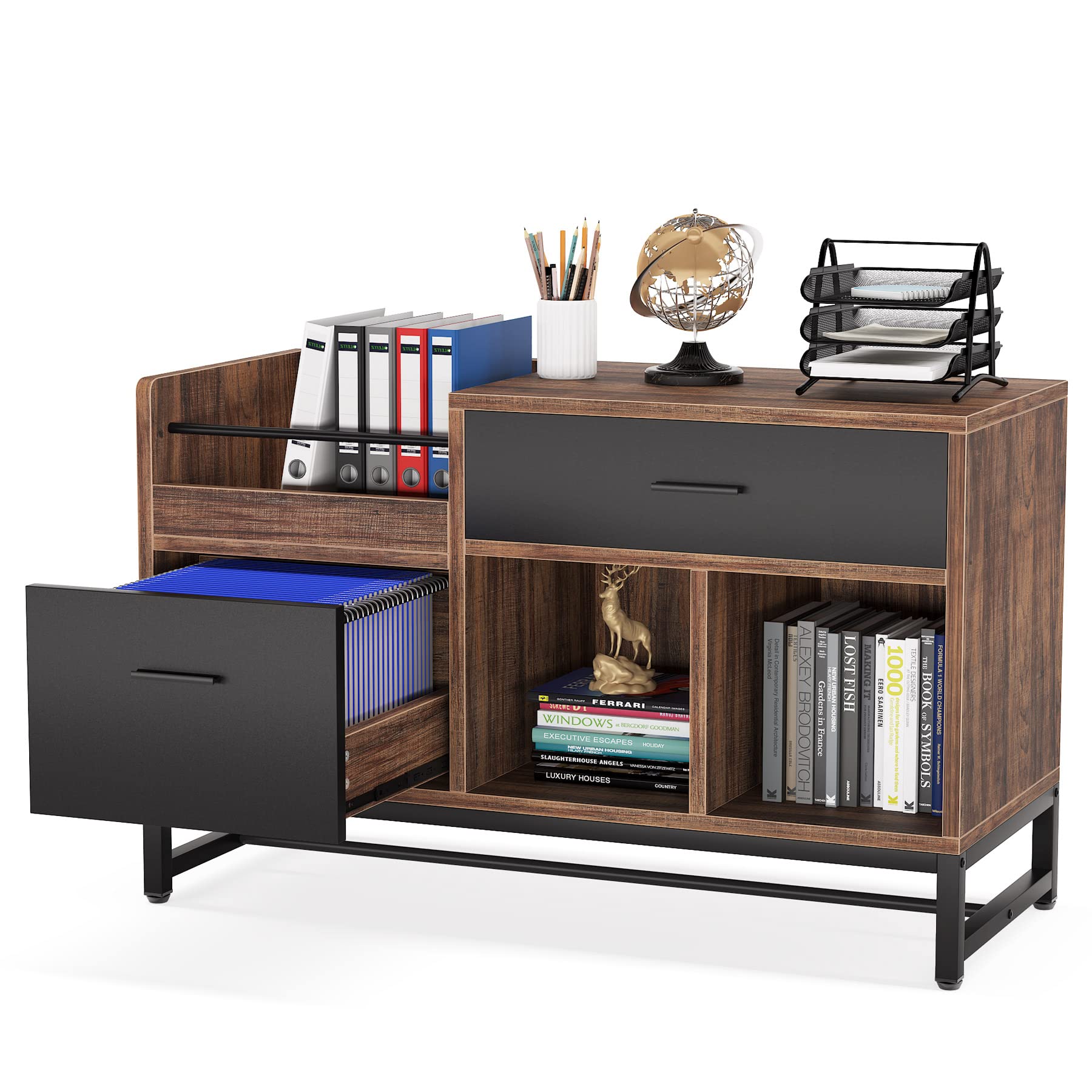 2-Drawer 39-Inch Lateral File Cabinet with Open Shelves - Compact Wooden Under Desk Storage Solution for Home Office Organization | Perfect for Printer Stand, Document Filing & Workspace Organization