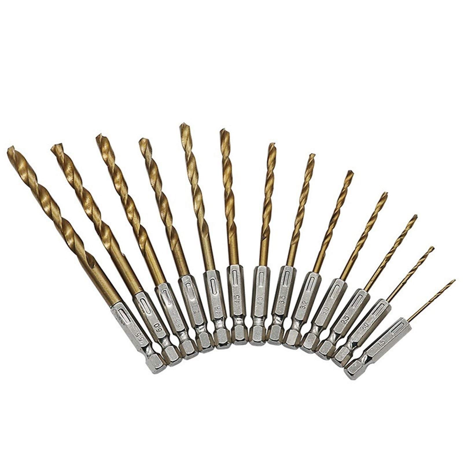SUOFEILAIMU 13PCS High Speed Steel Titanium Coated Hex Shank Screwdriver Twist Drill Bit Set - Gold Hexagonal Milling Cutter for Metal, Wood & Plastic - Perfect for DIY Projects, Home Repairs & Professional Use
