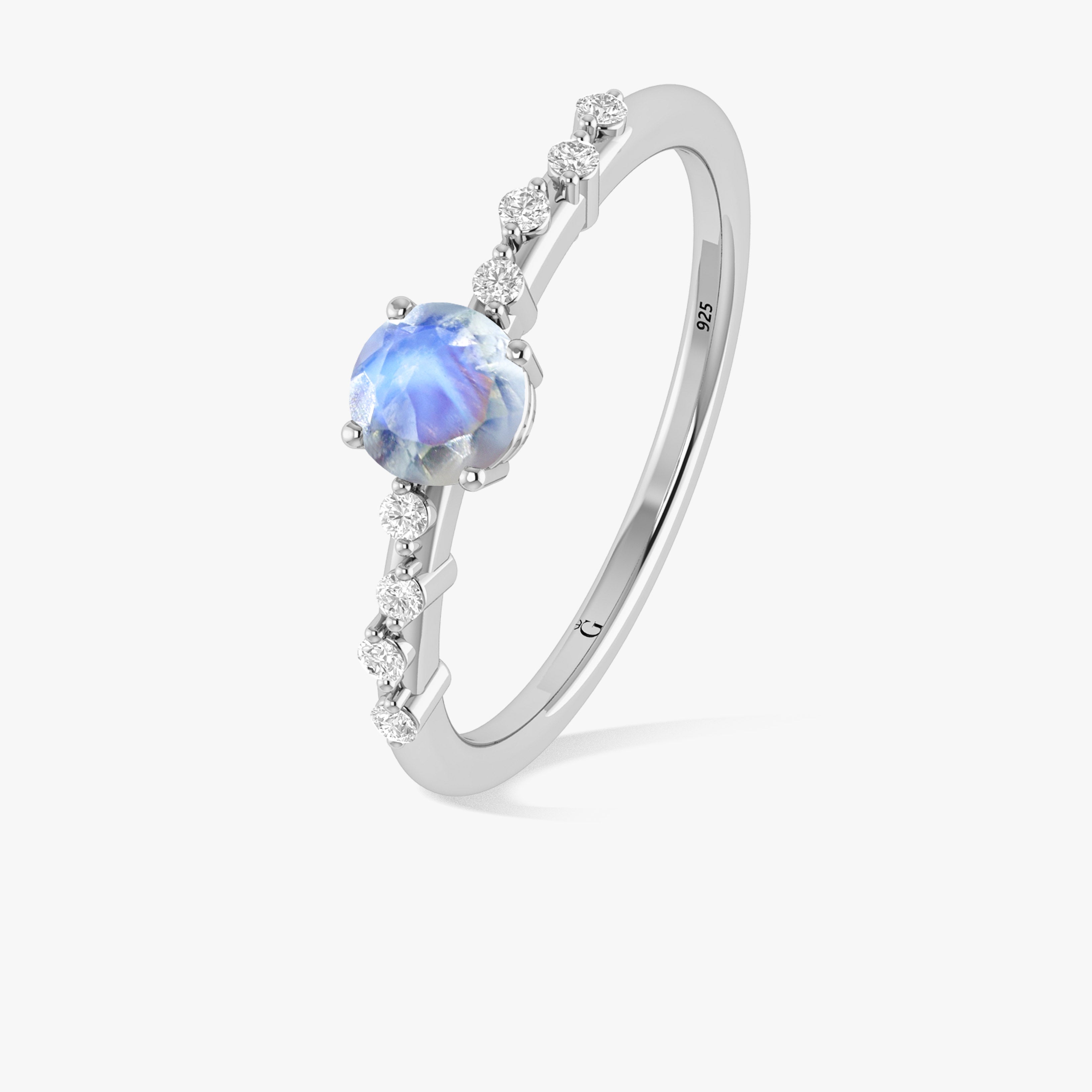 Natural Moonstone Round Stone Minimalist Solitaire Ring with Accent Stones – Elegant Dainty Jewelry for Women, Perfect for Everyday Wear, Engagement, or Special Occasions