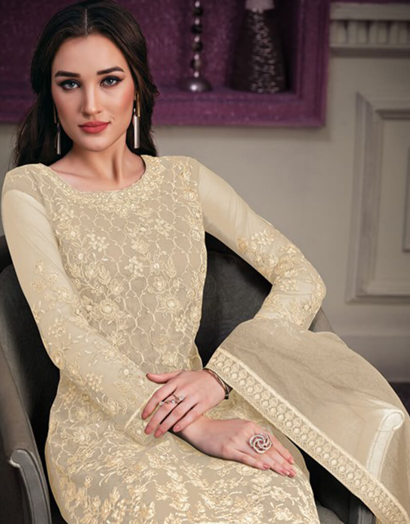 Beige Pantsuit with Butterfly Net Design - Elegant Women's Formal Wear for Office, Parties & Special Occasions