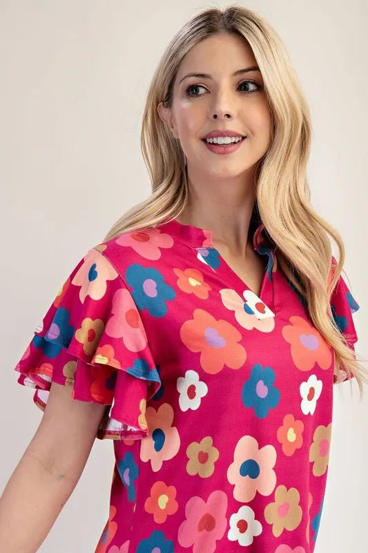 Celeste Bold Floral Print Ruffle Sleeve Blouse - Women's Casual Chic Tops for Spring Summer Outfits, Date Night & Office Wear