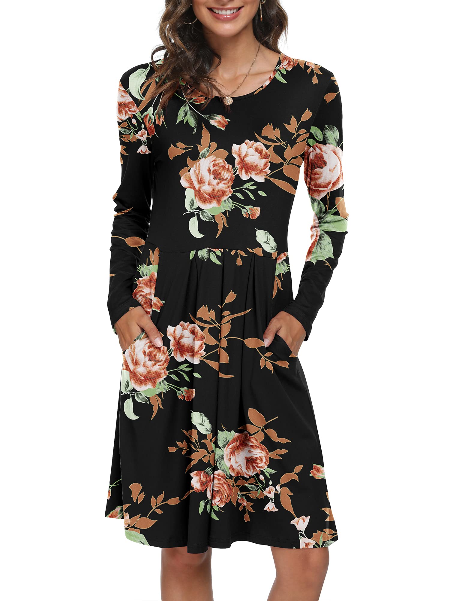 DouBCQ Women's Casual Long Sleeve Pleated Maxi Dress with Pockets - Elegant Flowy Fall Dress for Work, Date Night & Autumn Outings