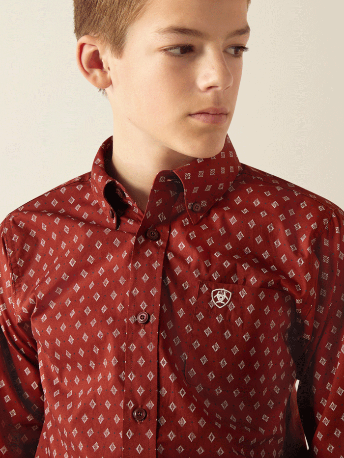Ariat Kids Pax Classic Fit Shirt - Burgundy Red Long Sleeve Button-Up for Boys & Girls | School, Playdates & Outdoor Activities