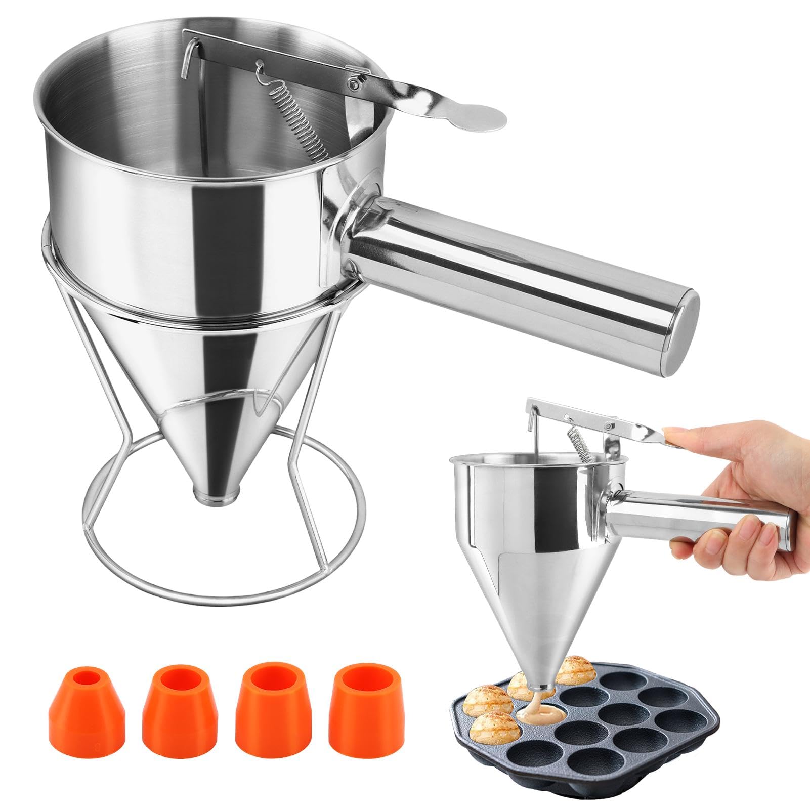 Stainless Steel Pancake Batter Dispenser with Squeeze Handle & Stand - 1200ml Funnel Cake & Takoyaki Balls Tool for Pancakes, Cupcakes, Donuts, Waffles - Perfect for Breakfast, Desserts & Party Cooking