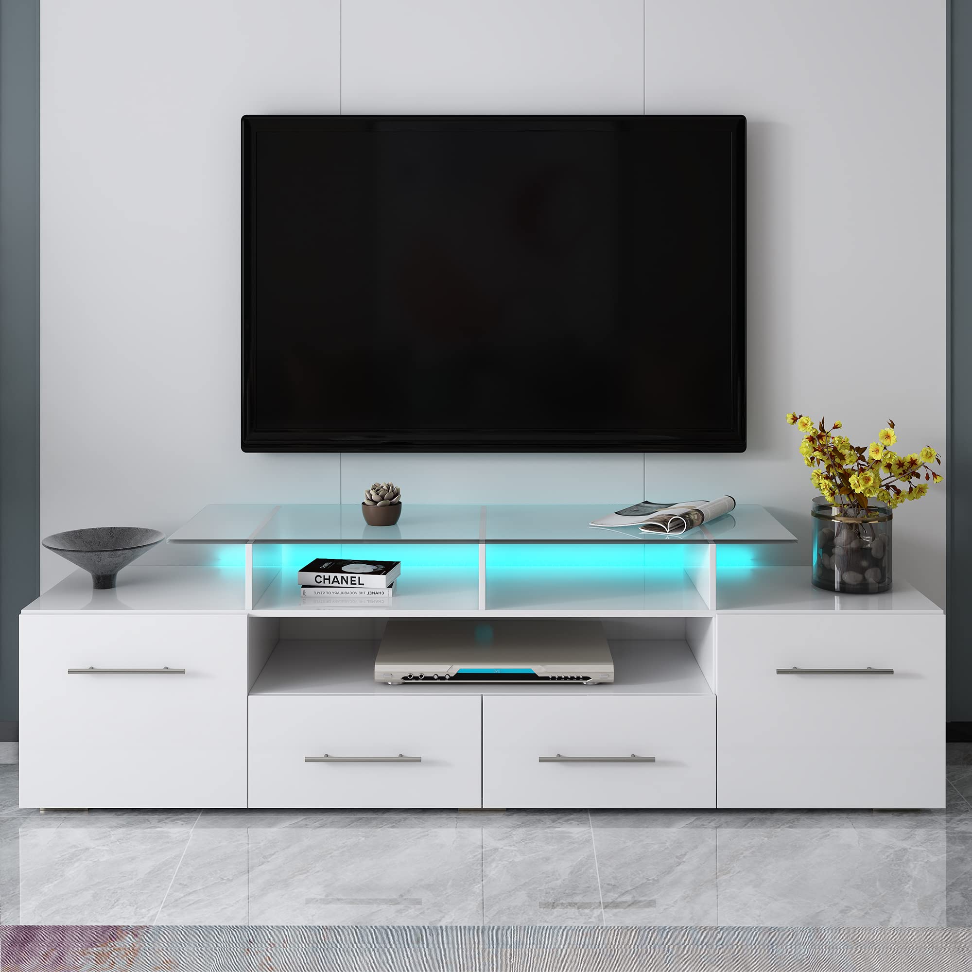 P PURLOVE 70 Inch Modern LED TV Stand with 16 Color Changing Lights & Remote Control - High Gloss Entertainment Center with Storage Drawers & Cabinets for Living Room, Bedroom, Home Theater Setup