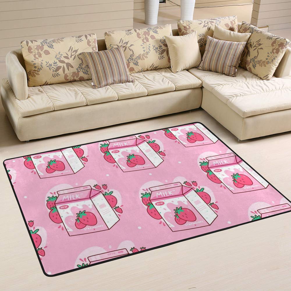 Kuizee Strawberry Milk Kawaii Anime Cartoon Pink Rectangle Oversized Area Rug - 80×58 Inch Soft Coral Fleece Carpet for Living Room, Bedroom, Parlor & Home Decor | Cute Doormat for Anime Fans & Kawaii Lovers