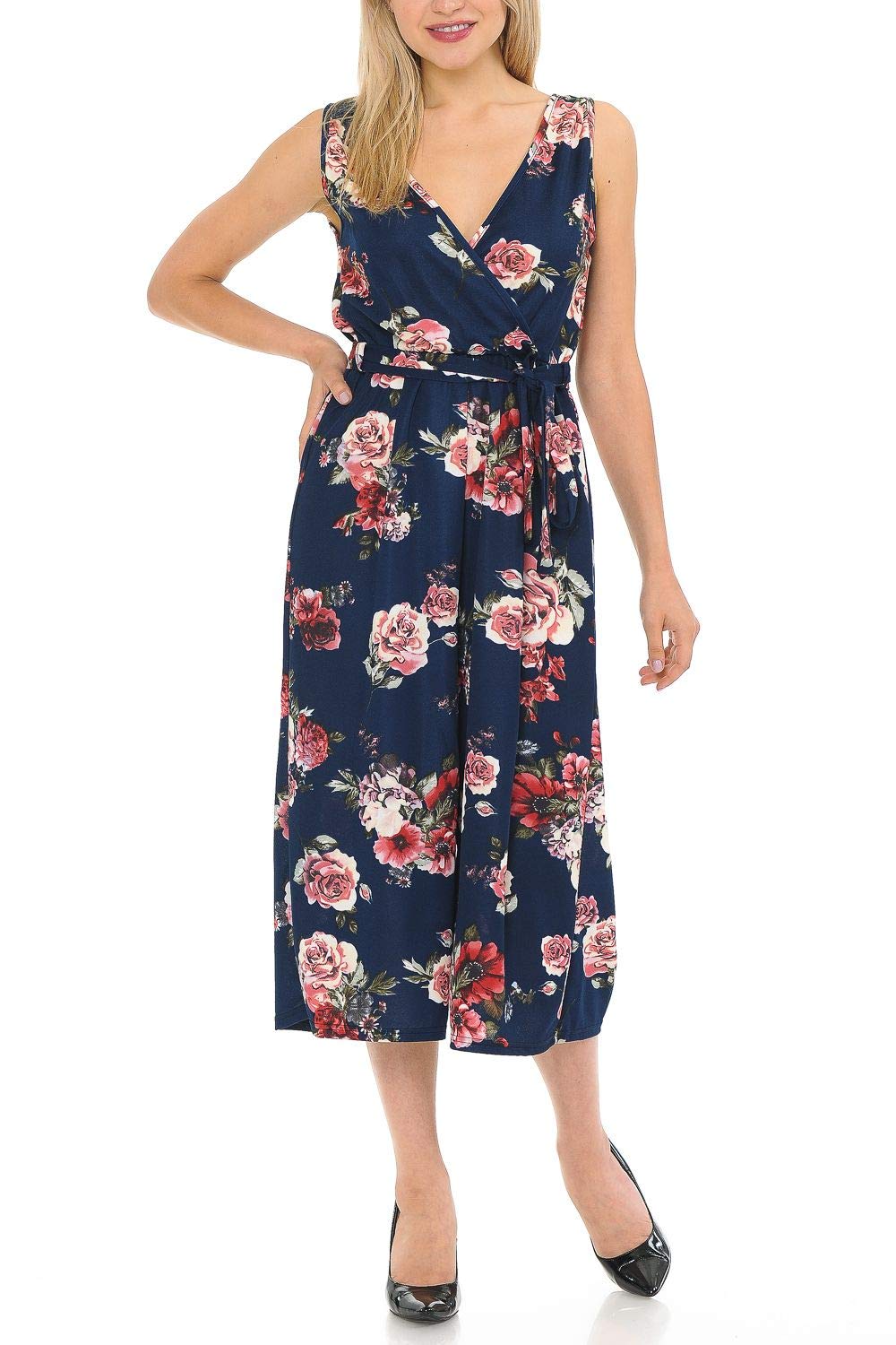 Auliné Collection Women's Sleeveless Wrap Romper Jumpsuit - Wide Leg Culotte Capri Pants for Summer, Beach & Vacation Outfits | Casual & Boho Chic Style