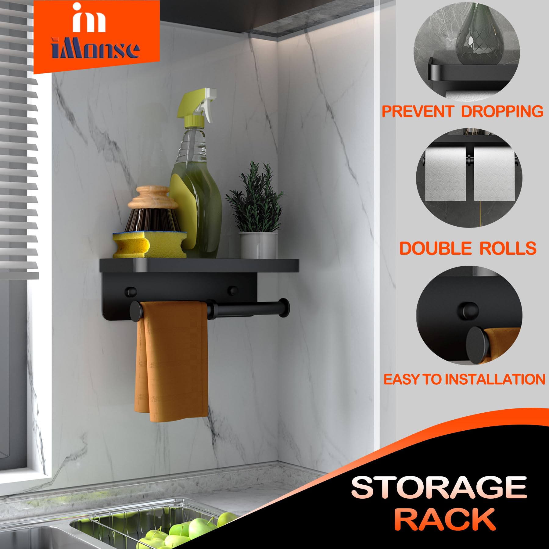 Double Toilet Paper Holder with Shelf - Wall Mounted Bathroom & Kitchen Tissue Roll Holder - Matte Black Paper Towel Rack for RV, Home, Office - Includes Adhesive & Screw Installation - Space Saving Bathroom Organizer for Small Spaces