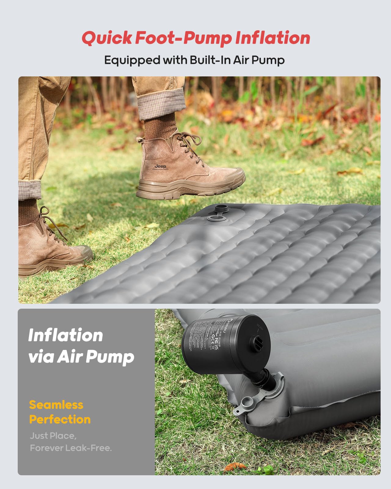QPAU 2 Person Camping Sleeping Pad with Built-in Foot Pump - 4.7 Inch Thick Durable Inflatable Mattress for Enhanced Support - Perfect for Camping, Hiking, Backpacking & Home Use (Great for Couples Outdoor Adventures & Guest Bedding)