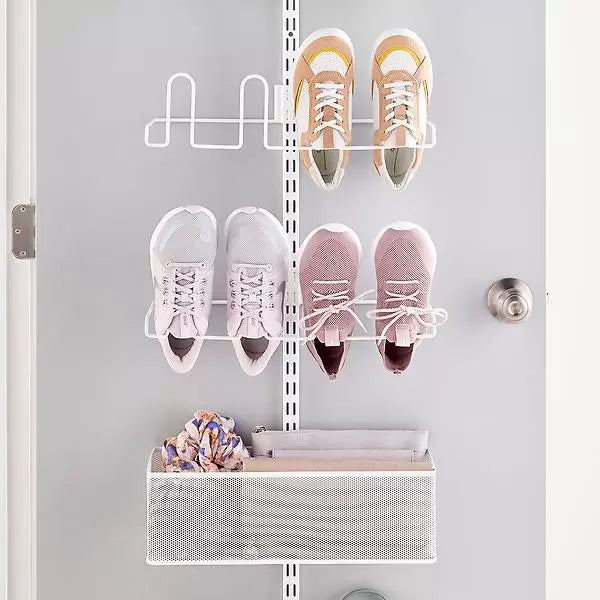 Elfa Shoe Wall & Door Rack - 4-Tier Shoe Organizer with 1 Medium & 1 Large Mesh Basket - Space-Saving Storage for Entryway, Closet & Bedroom