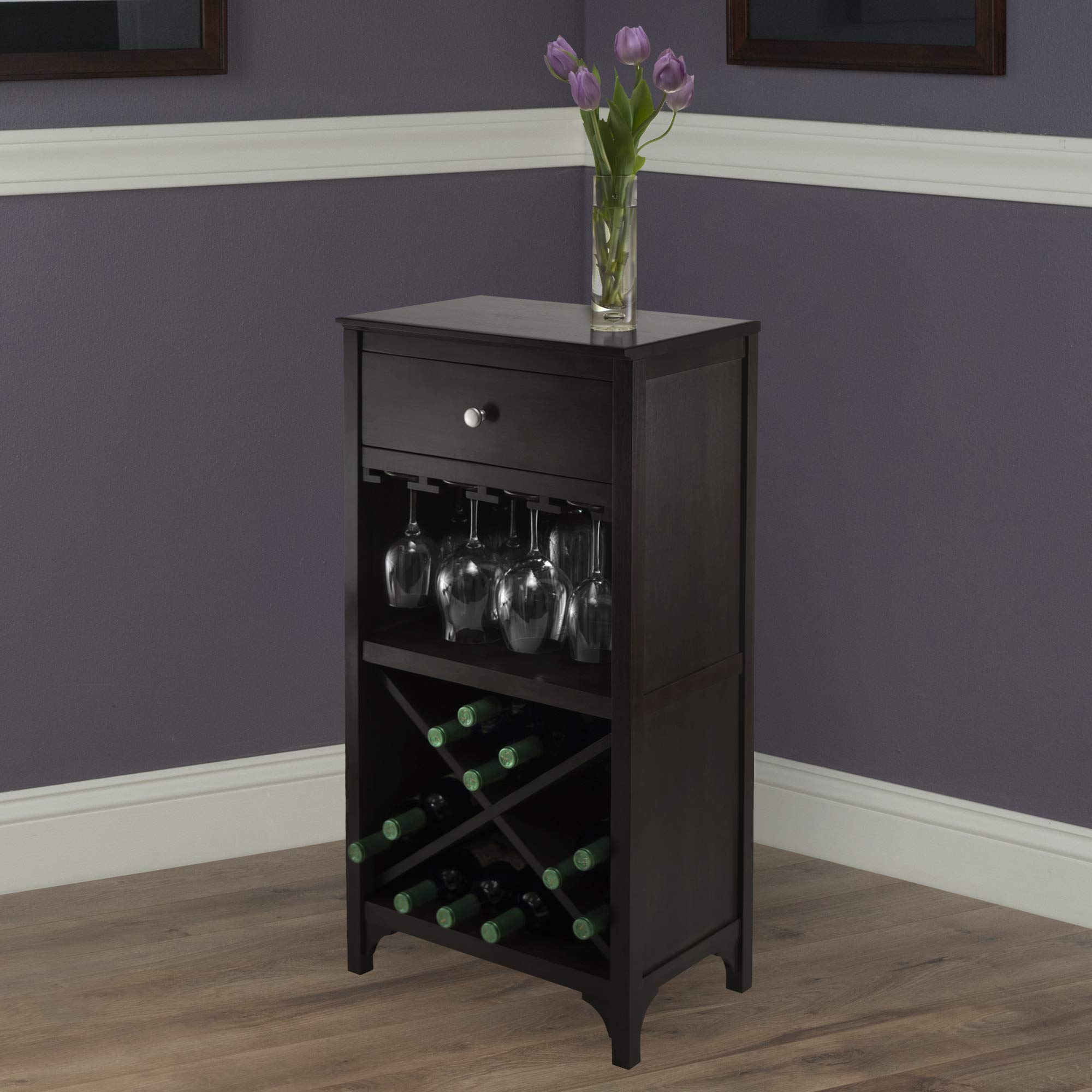 Winsome Ancona X Shelf Modular Wine Cabinet with 1 Drawer & Glass Rack - Dark Espresso (92745) - Perfect for Dining Room, Kitchen or Bar Wine Storage
