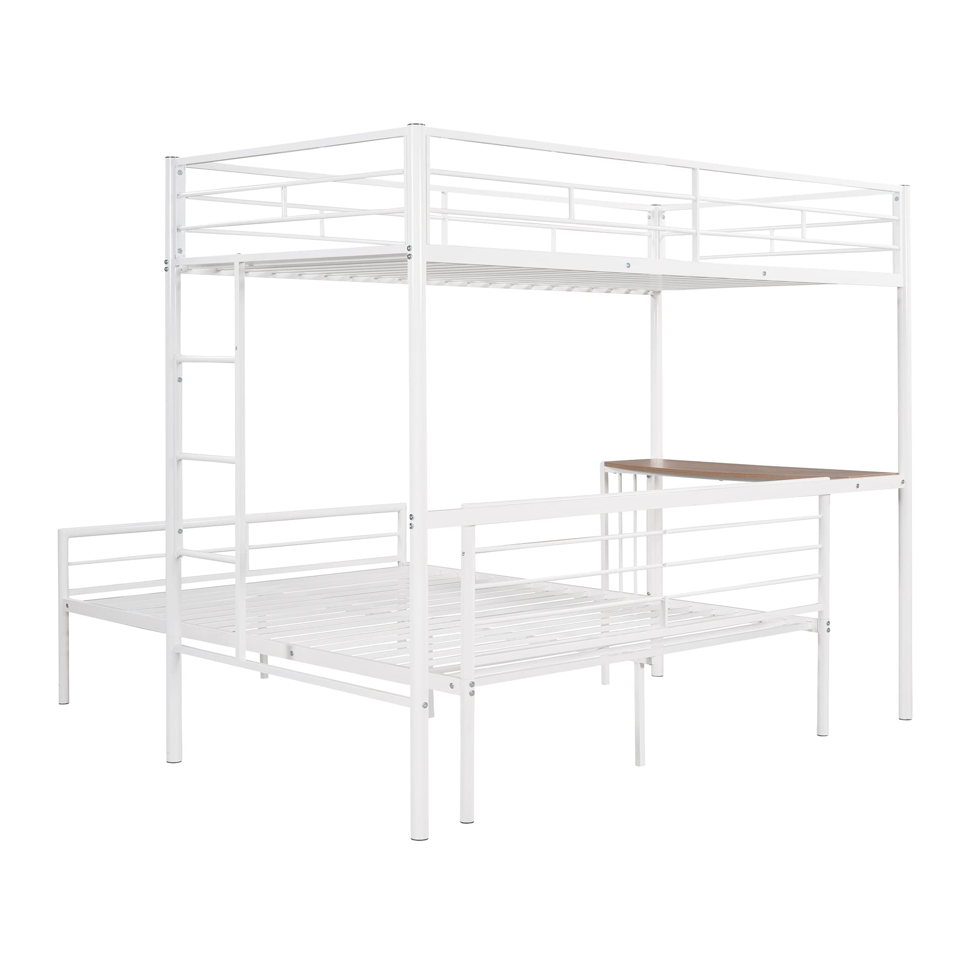 Twin Over Full Bunk Bed with Built-in Desk & Ladder - Sturdy Metal Frame in Metallic White - Perfect for Kids' Bedrooms, Guest Rooms & Space-Saving Solutions