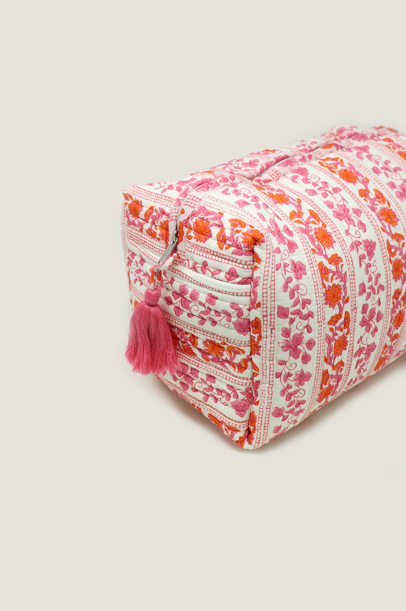 Large Block Print Wash Bag | Linear Botanical Orange/Pink Waterproof Travel Cosmetic Organizer for Women - Perfect for Gym, Beach & Vacation Trips