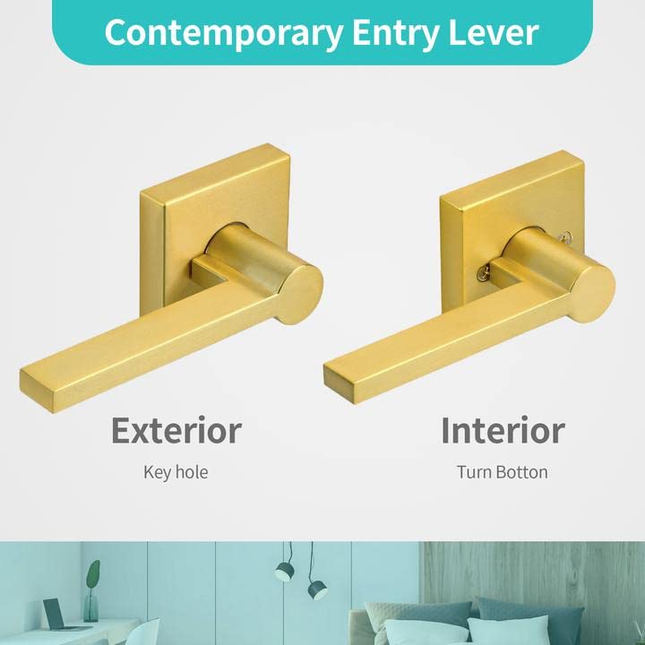 3 Pack Satin Brass Slim Door Lever Handles - Heavy Duty Passage Function for Closet & Interior Doors (Left/Right Handed) - Perfect for Bedrooms, Bathrooms & Cabinets