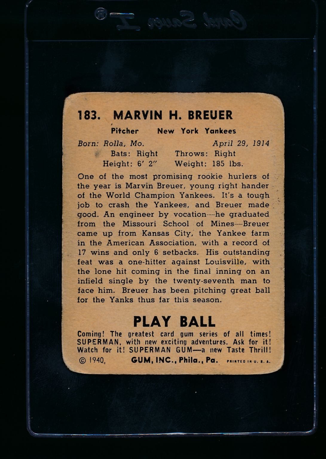1940 Play Ball #183 Marvin Breuer Rookie Card (RC) Graded G - Vintage Baseball Collectible for Sports Memorabilia & Card Show Display