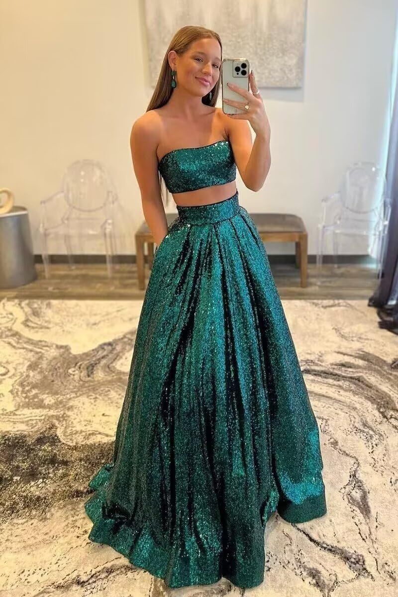 Elegant Women's Two-Piece Long Sequin Prom Dress - A-Line Satin Formal Evening Gown for Wedding, Party & Special Occasions | Perfect for Prom Night, Cocktail Events & Black Tie Galas
