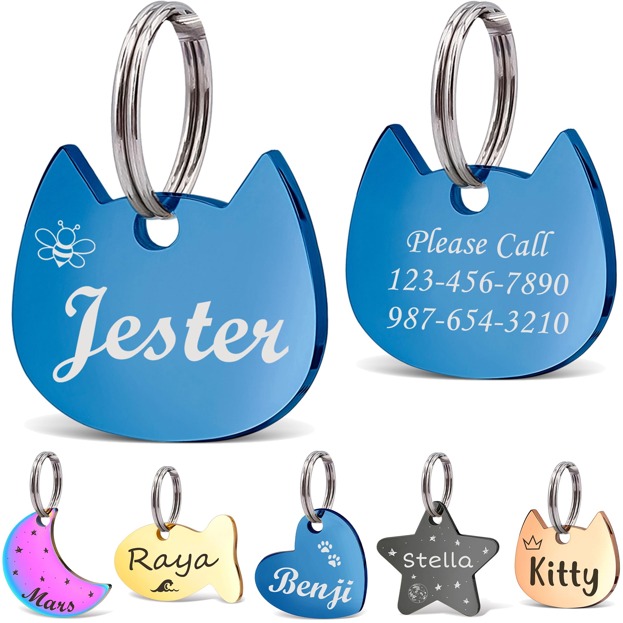 Anavia Small/XS Personalized Pet ID Tags - Custom Engraved Stainless Steel Name Tags for Dogs & Cats (Blue Cat Head Design) | Durable Pet Collar Tag for Puppies & Kittens - Perfect for Identification & Outdoor Adventures