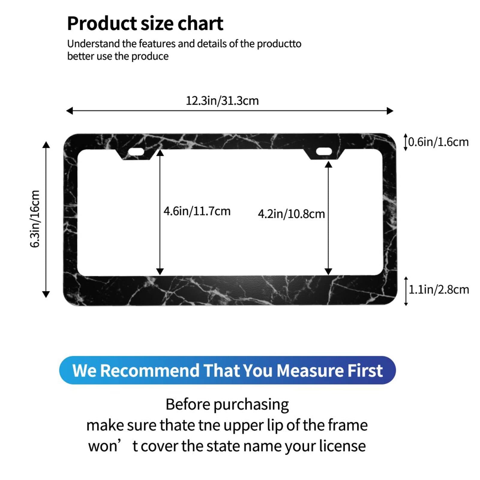 Premium Black & White Marble Matte Aluminum License Plate Frame with Black Screw Caps - 2 Pack (2 Holes) - Durable Car License Plate Cover Holder for US Vehicles - Perfect Gift for Men & Women - Ideal for Cars, Trucks, SUVs & Motorcycles