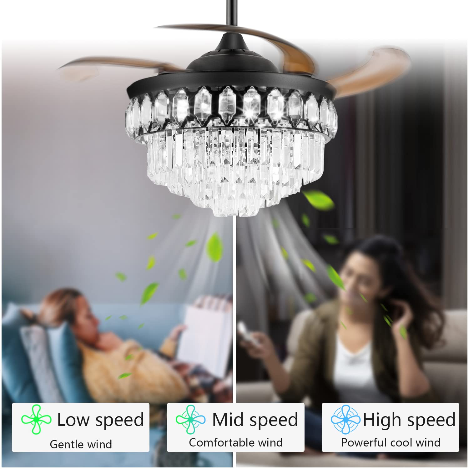 RuiWing 42 Inch Crystal Ceiling Fan with Light, Retractable Blades, Remote Control, 3 Speed & Dimmable LED Chandelier - Perfect for Bedroom, Living Room, Dining Room & Home Decor