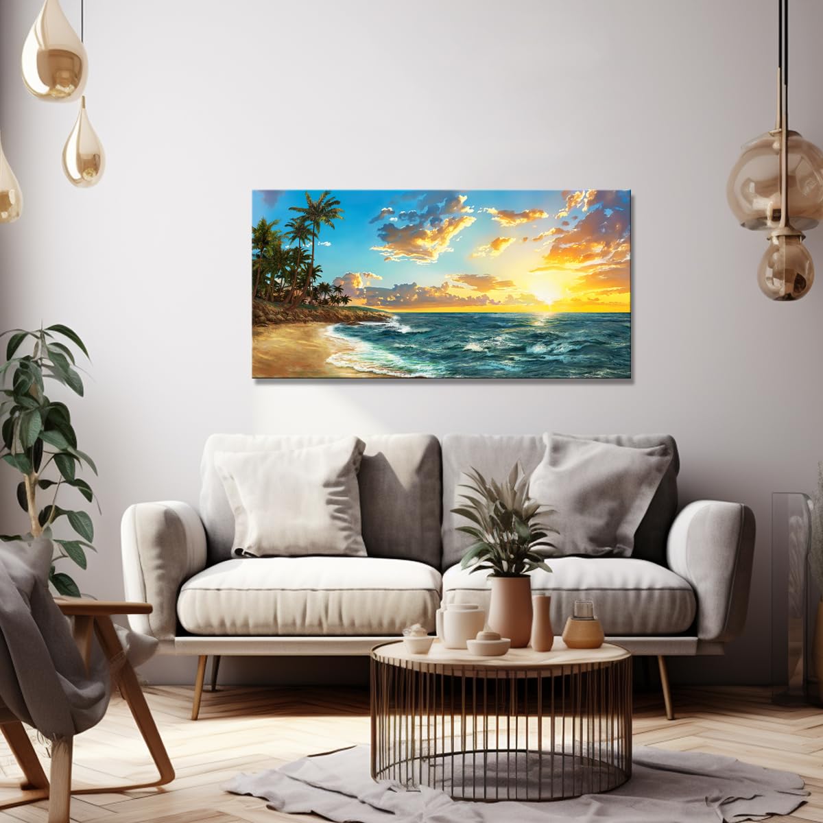 Popuwall XXLarge Tropical Beach Sunset Wall Art - Palm Trees & Ocean Waves Painting for Living Room, Bedroom, Farmhouse & Office Decor | Perfect for Coastal, Summer & Vacation Themed Spaces