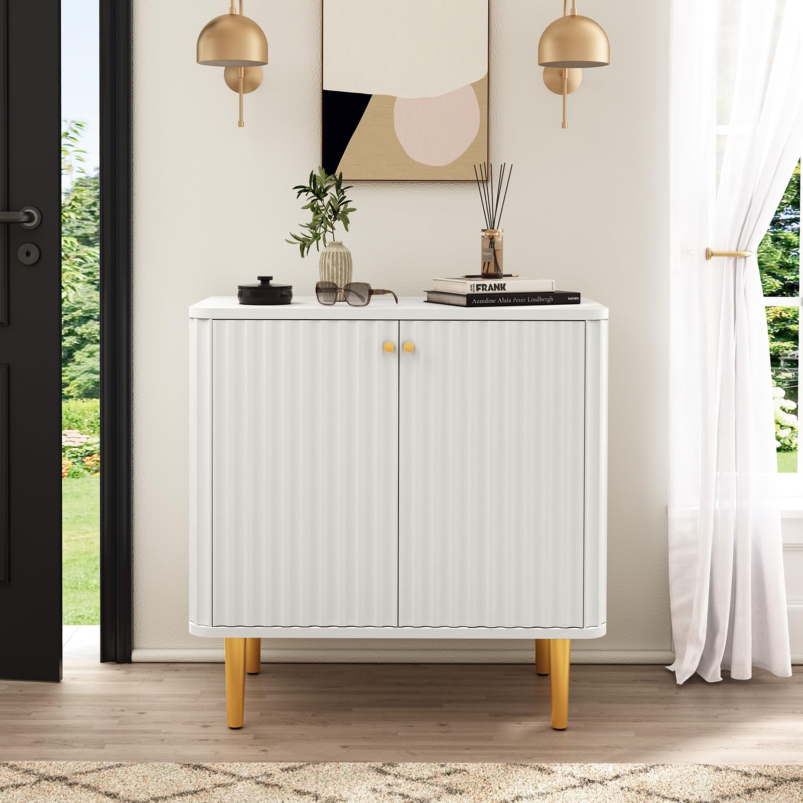 HLR Fluted Sideboard Buffet Cabinet - White Modern 2-Door Storage Credenza for Kitchen, Living Room & Entryway | Perfect for Dining Room Storage, Hallway Decor & Home Organization