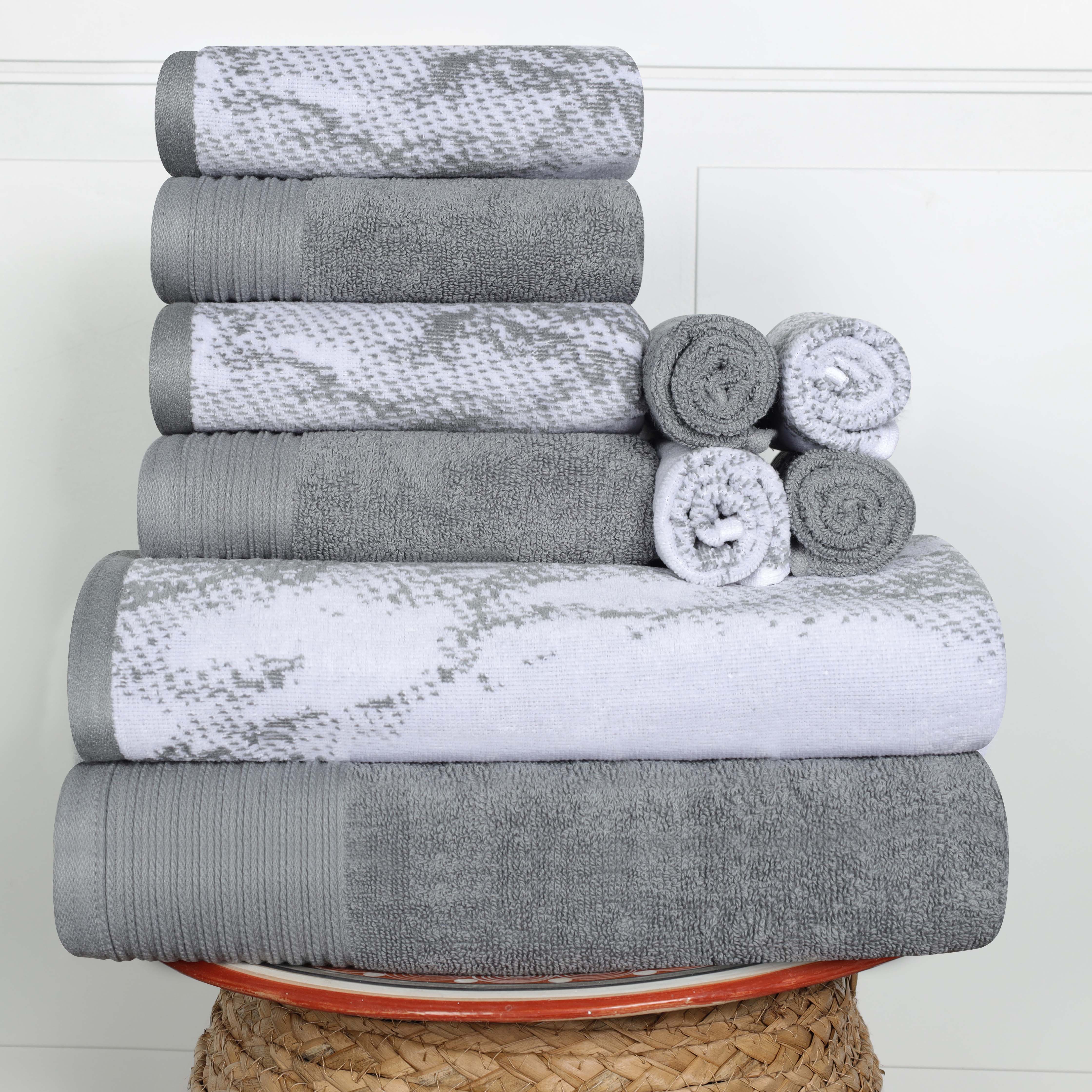 Premium 10-Piece Quick-Dry Cotton Towel Set - Solid & Marble Patterns for Bath, Gym, Beach, and Spa | Ultra Absorbent & Soft Bath Towels