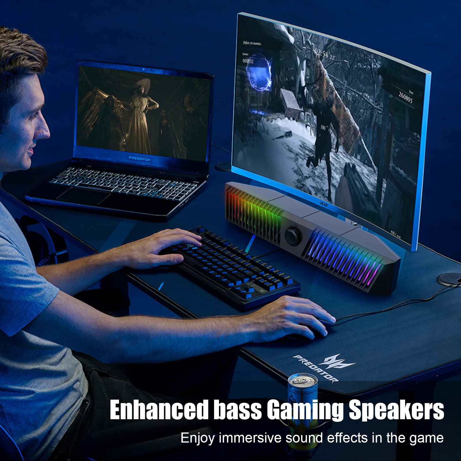 Smalody Computer Speakers with Stereo Bluetooth, Dynamic RGB LED Design, Built-in Microphone, Compatible with Desktop/Laptop/Smartphone/Game Console, Ideal for Gaming, Music, and Home Office