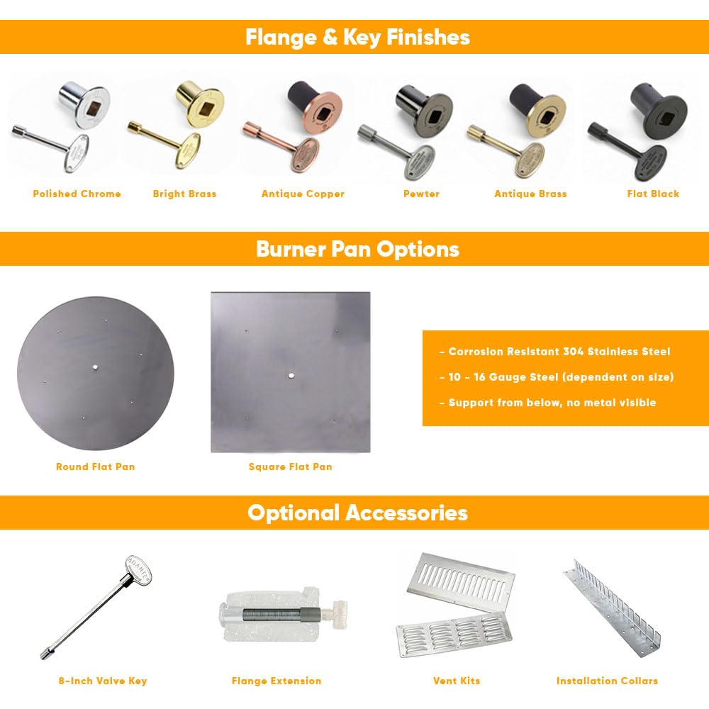 HPC Penta Match Lit Fire Pit Burner Kit - 12-Inch Stainless Steel Burner & 18-Inch Round Flat Pan - Propane Gas Fire Pit Accessories with Chrome Finish, Flange, Key, Valve & Flex Line - Perfect for Backyard, Patio, and Outdoor Gatherings