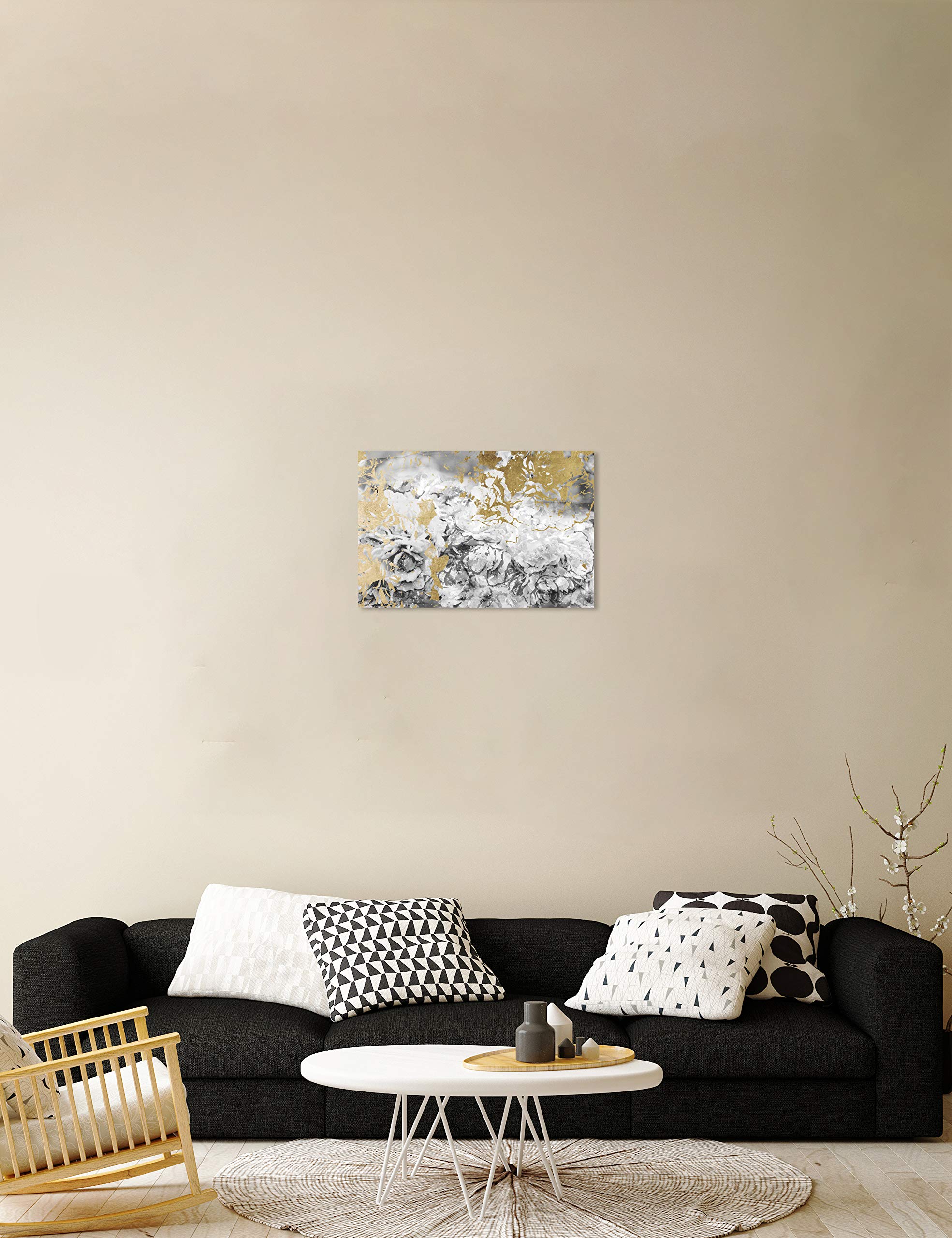 Silver Camellias Abstract Wall Art Canvas Print - 24x16 Inch Gray & Gold Modern Home Decor | Perfect for Living Room, Bedroom or Office Decoration