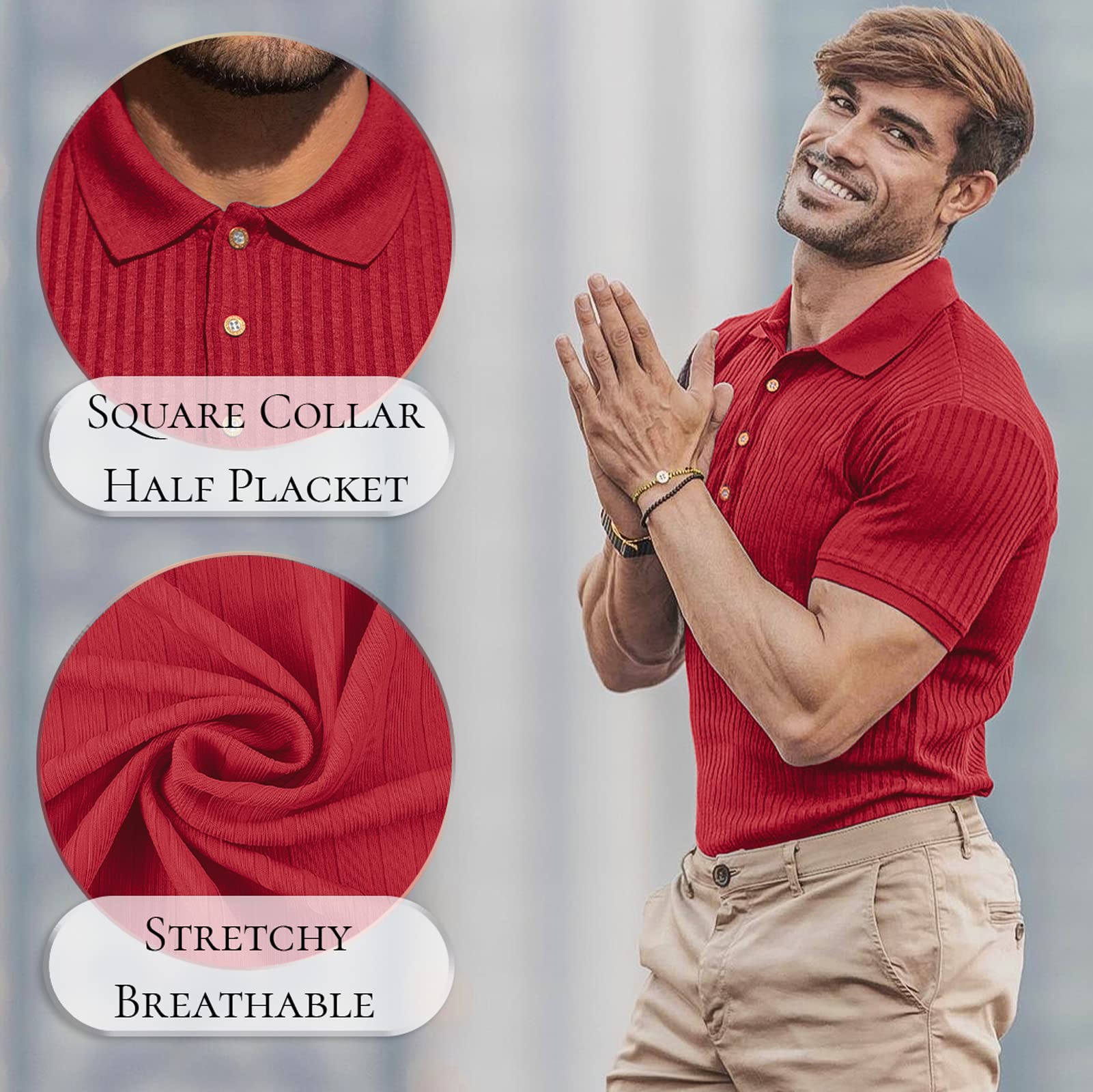 Men's Slim Fit Muscle Polo Shirts - Short Sleeve Ribbed Knit Golf & Bowling Shirts - Breathable Dry Fit Casual Tee for Sports, Work & Outdoor Activities