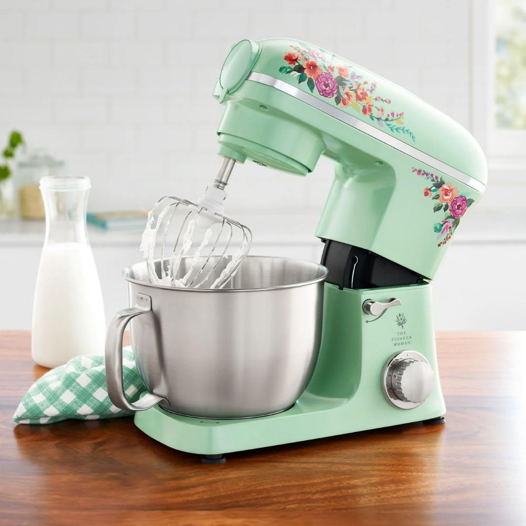 Pioneer Woman 5 Qt 600W 6-Speed Stand Mixer with Beater, Dough Hook & Whisk - Dishwasher Safe, Durable Die-Cast Metal Body - Perfect for Baking Cakes, Cookies & Bread at Home