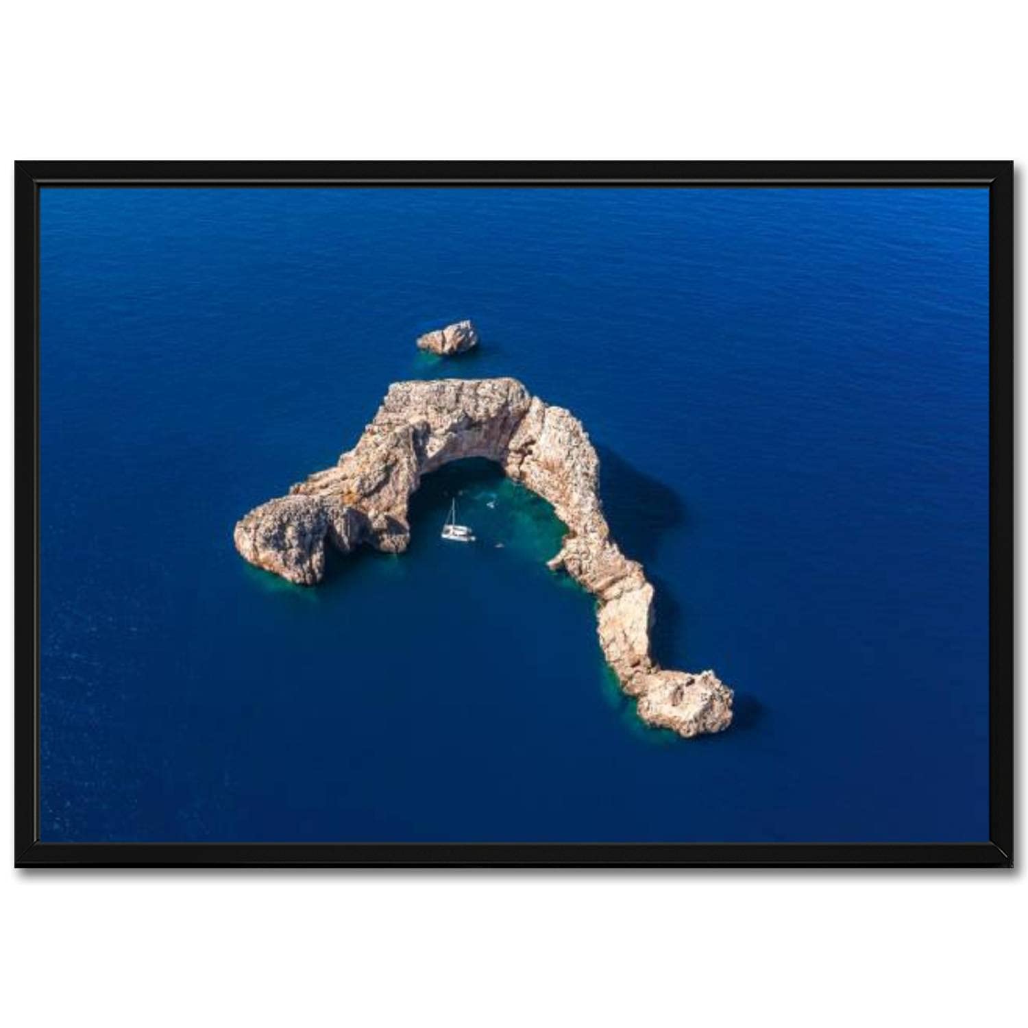Black Framed Wall Art - Aerial View of The Gates of Heaven Ibiza Canvas Print, 23x34 Inch Stretched & Framed Painting for Living Room Decor | Beach House Wall Decor, Coastal Home Art, Mediterranean Style Wall Hanging