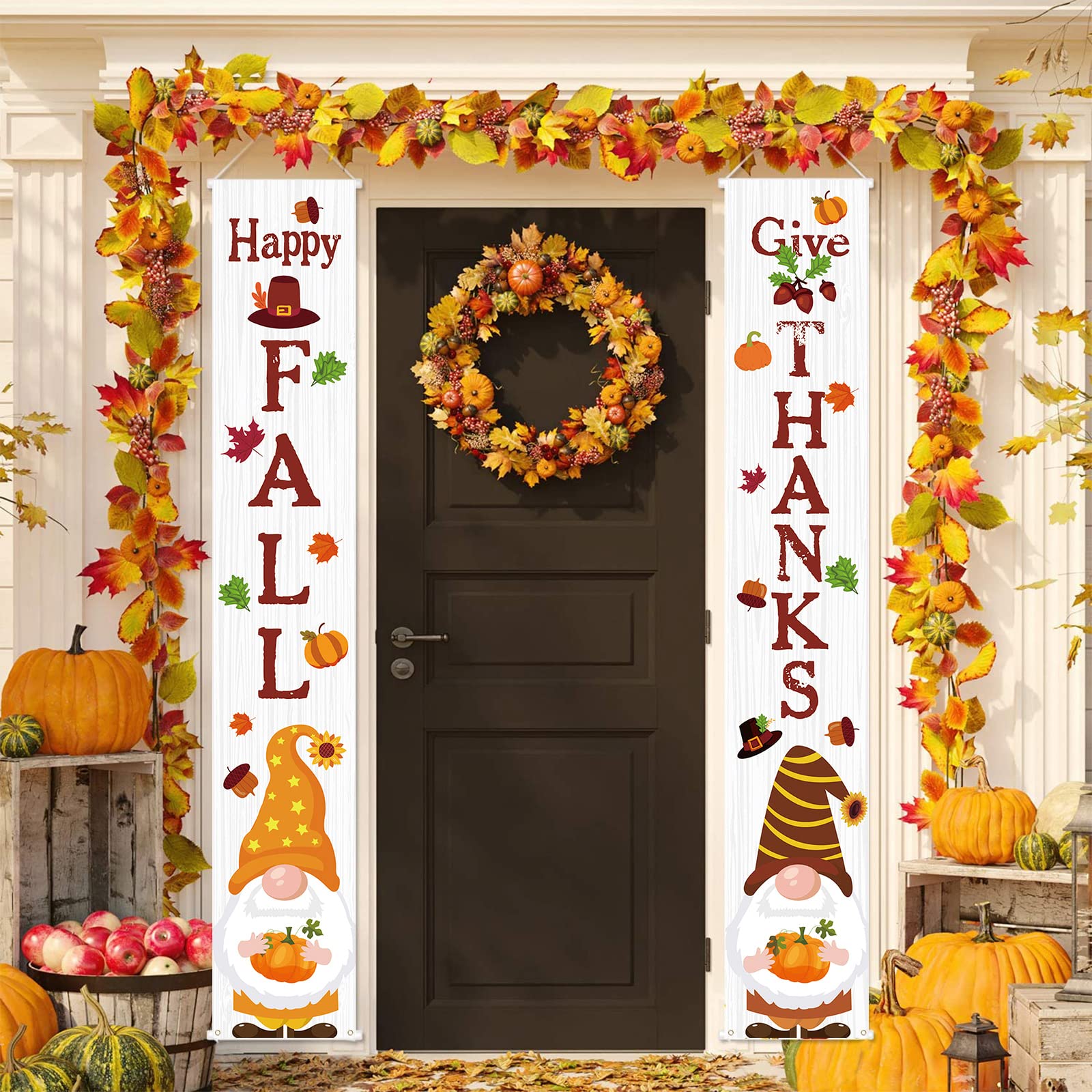 Happy Thanksgiving Banner - Fall Gnome Pumpkin Porch Sign for Indoor & Outdoor Decor - Perfect for Thanksgiving Party, Front Door, and Seasonal Home Decoration