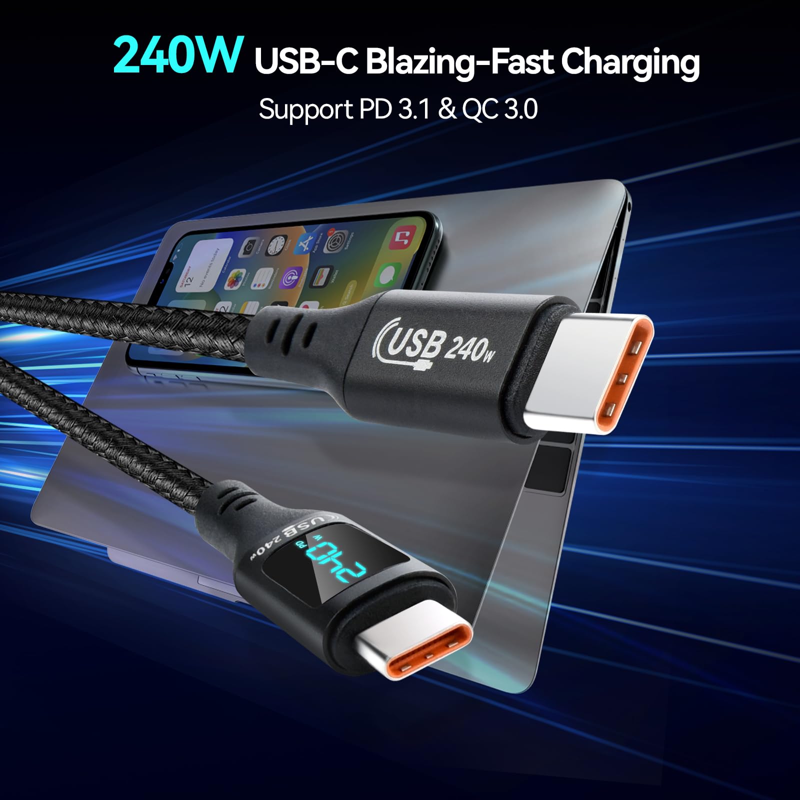 2M USB C to USB C Cable with LED Display - 240W PD Fast Charging Cord for iPhone 15 Series, Samsung Galaxy S24/S23/S22, Huawei, Google Pixel - Perfect for Home, Office & Travel Charging