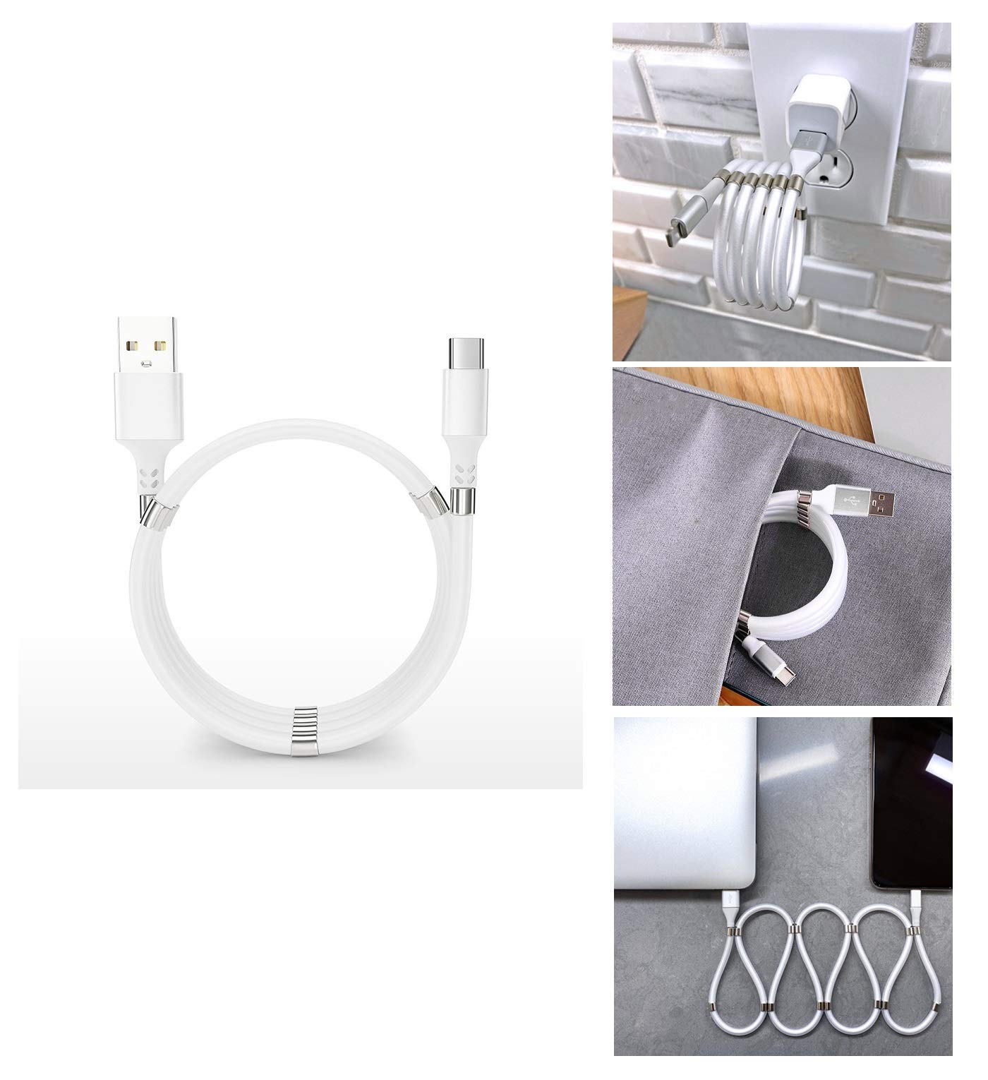 360° Self-Winding Magnetic USB C Cable - 3-in-1 Retractable USB A to Type C Charger with Strong Magnetic Absorption (3FT/0.9M) - Perfect for Travel, Office & Car Charging
