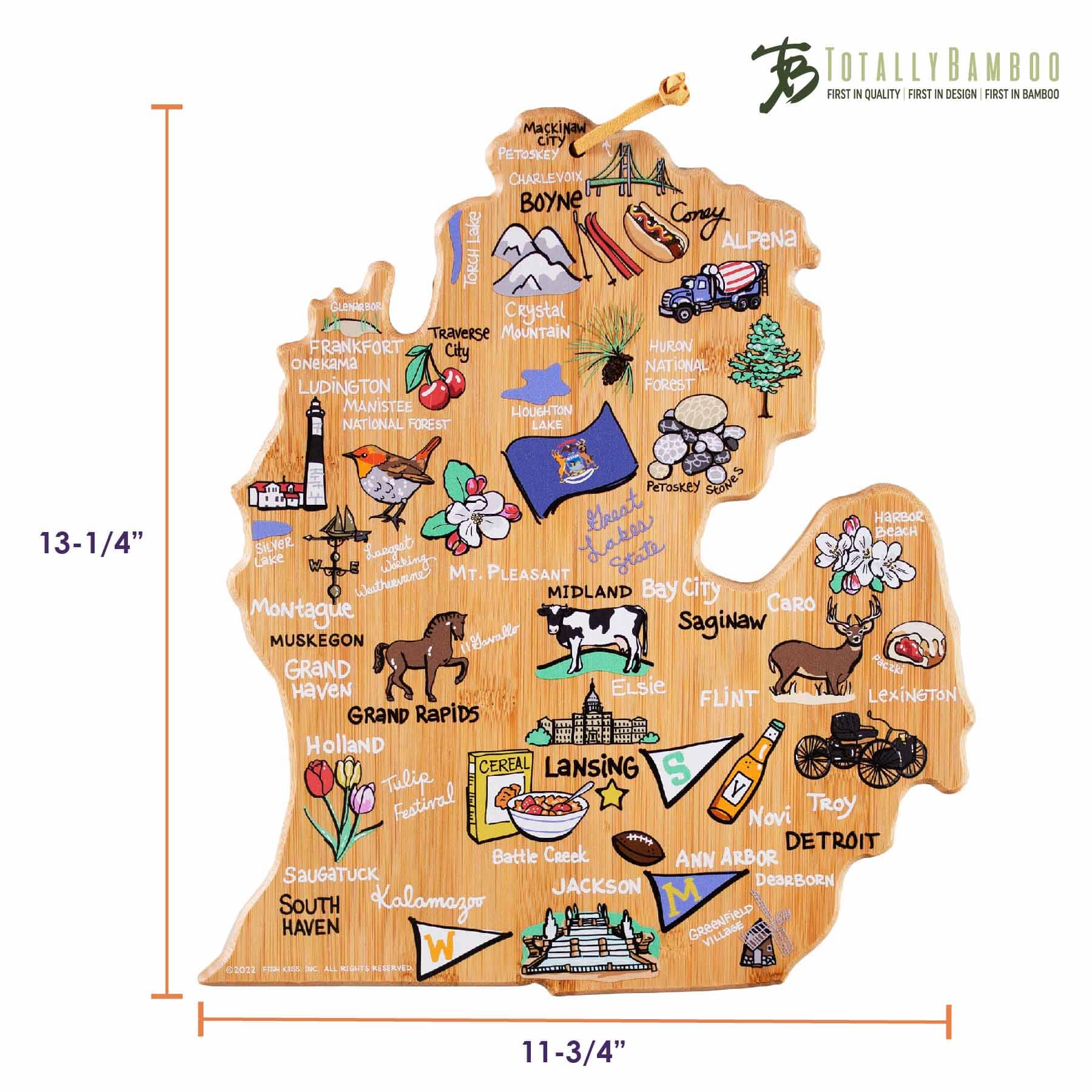 Michigan Mitten-Shaped Wooden Cutting Board with Fish Kiss™ Artwork - Perfect for Kitchen Prep, Charcuterie Serving & Home Decor