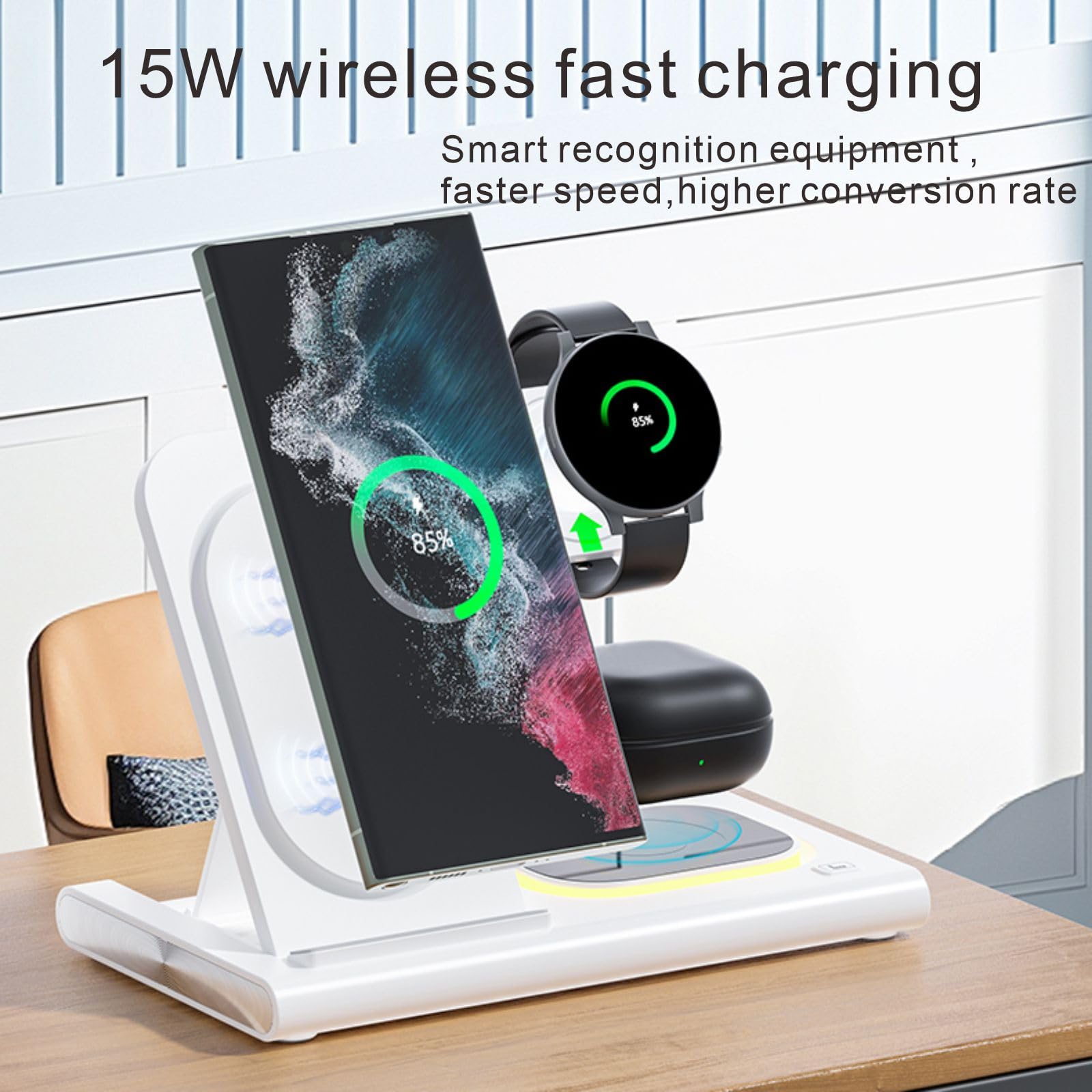 4-in-1 Fast Wireless Charger Stand for Samsung S24/S23/S22/Z Fold5/Z Flip5 - Multi-Device Charging Station with LED Light for Phone, Watch & Earbuds (White) | Perfect for Home, Office & Nightstand Charging
