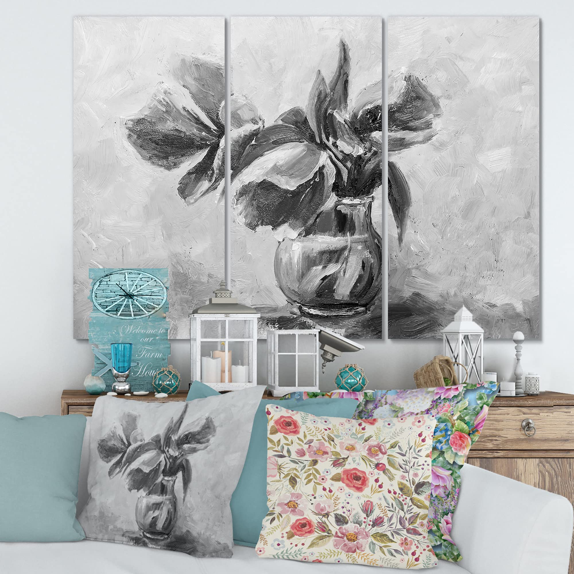 DesignQ Monochrome Still Life Flower Vase Painting - Traditional Canvas Wall Art for Living Room, Bedroom & Office Decor