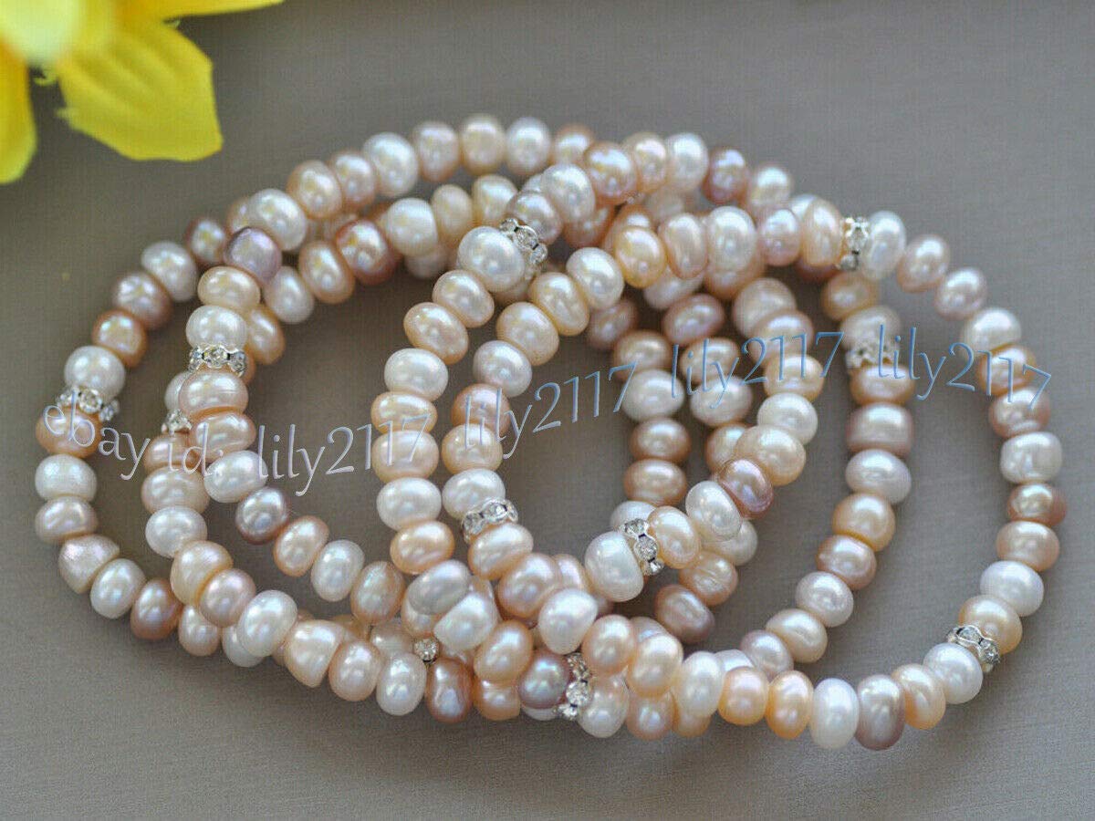5pcs Wholesale Natural Multi-Color Rondelle Freshwater Pearl Stretch Bracelets for Women (7-8mm) - Elegant Jewelry Gift for Birthday, Wedding & Party Accessories
