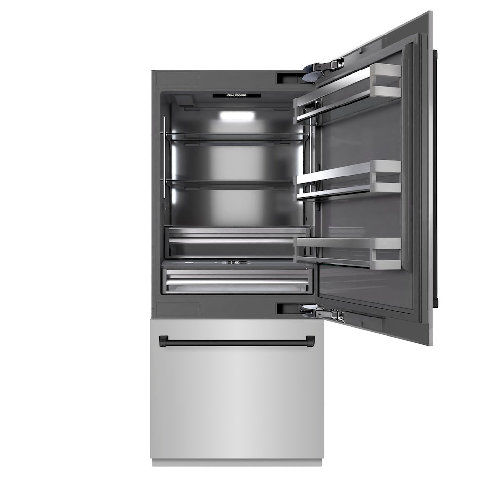 ZLINE Autograph Edition 36 Inch Built-In Bottom Freezer Refrigerator - 19.8 cu.ft Capacity, Stainless Steel with Graphite Gray Interior & Matte Black Accents - Includes Water Dispenser & Ice Maker (GRBITZ 304 36MB) - Perfect for Modern Kitchens, Open Concept Homes & Luxury Appliances Collection