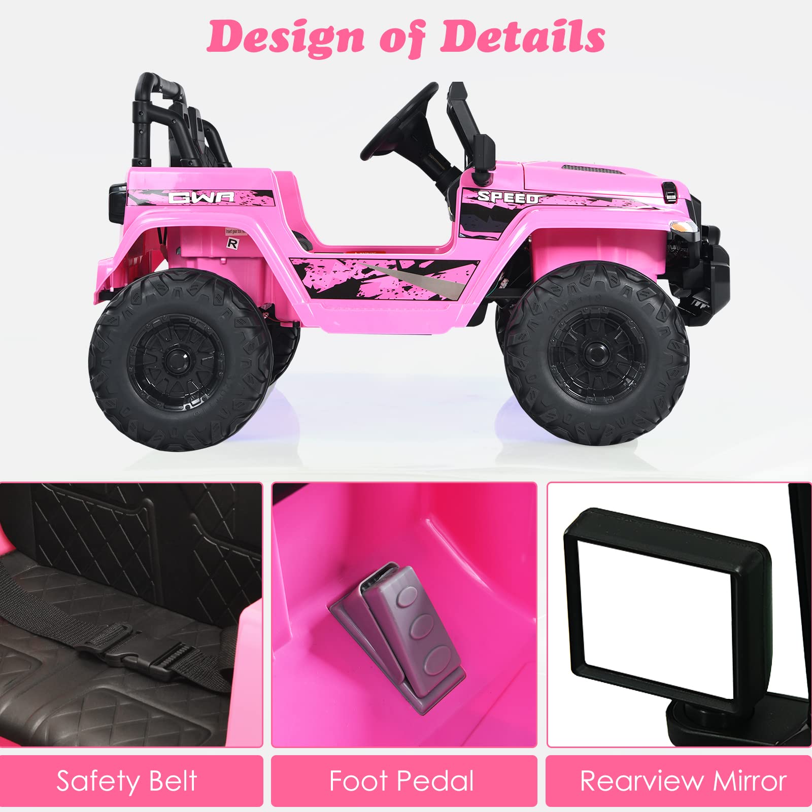 OLAKIDS 12V Electric Ride On Truck for Kids - Remote Control Battery Powered Toddler Car with Music, Horn, 3 Speed Settings, LED Lights & Bluetooth - Pink Kids Toy Truck for Indoor/Outdoor Play, Birthday Gifts & Backyard Fun