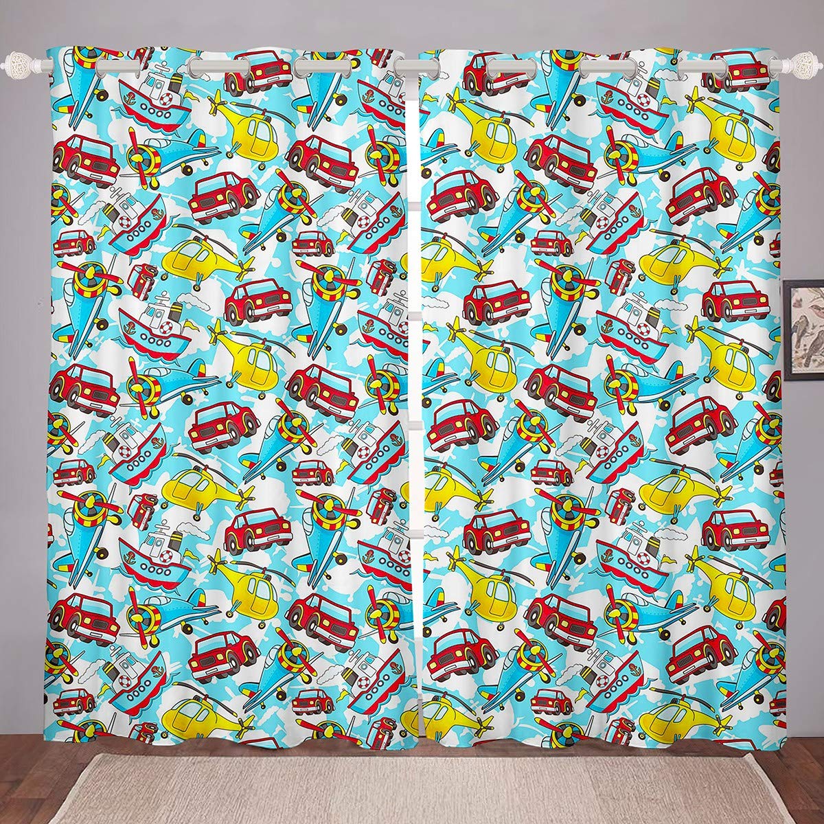 Cartoon Cars Sailboat Curtains for Kids - 52x84 Inch Transportation Themed Window Treatments for Children's Room Decor