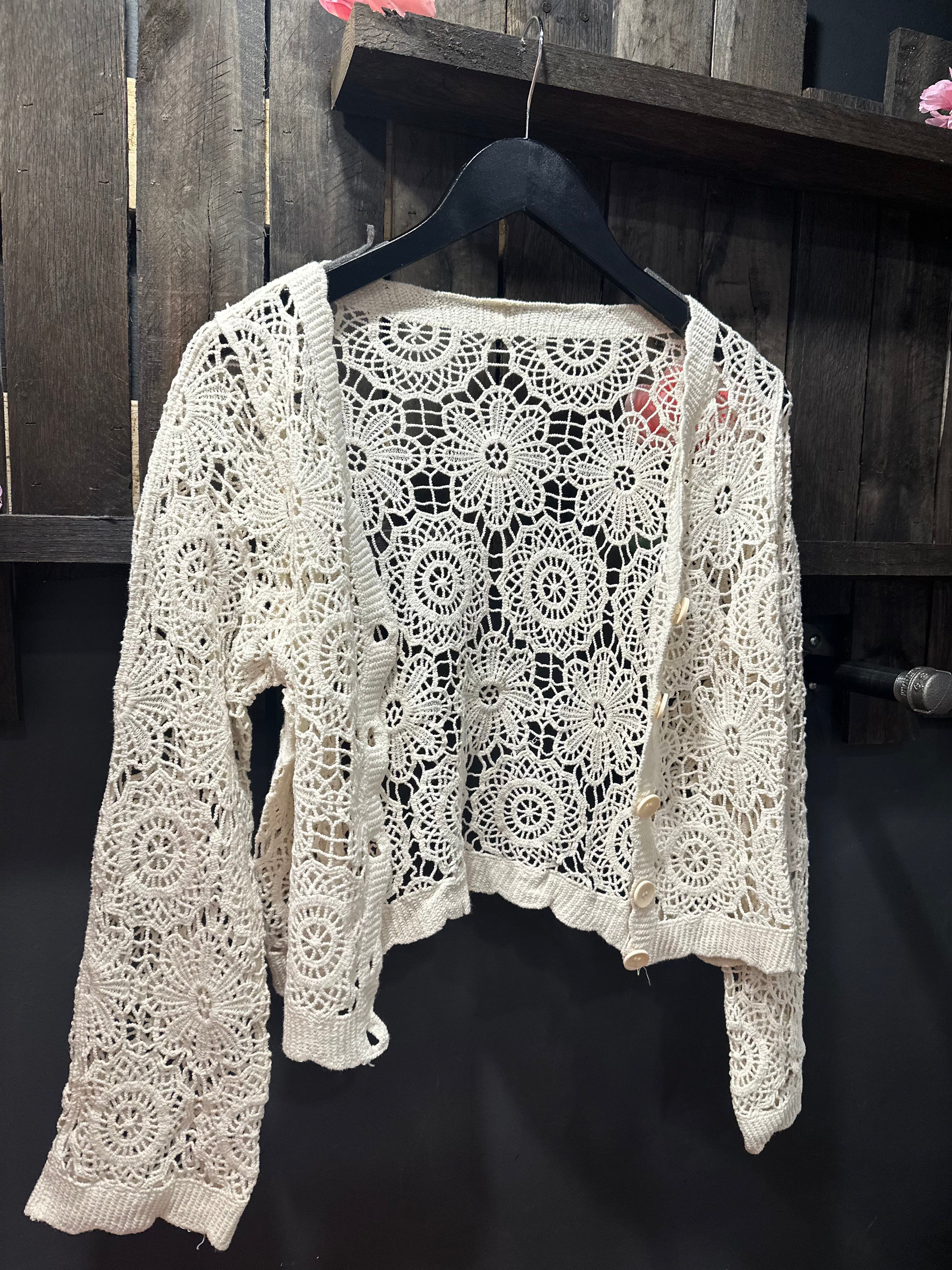 Stylish Scallop Trim Crochet Button-Up Cardigan Sweater for Women | Boho Chic Lace Knit Open Front Cover-Up | Perfect for Beach, Wedding & Spring Outfits