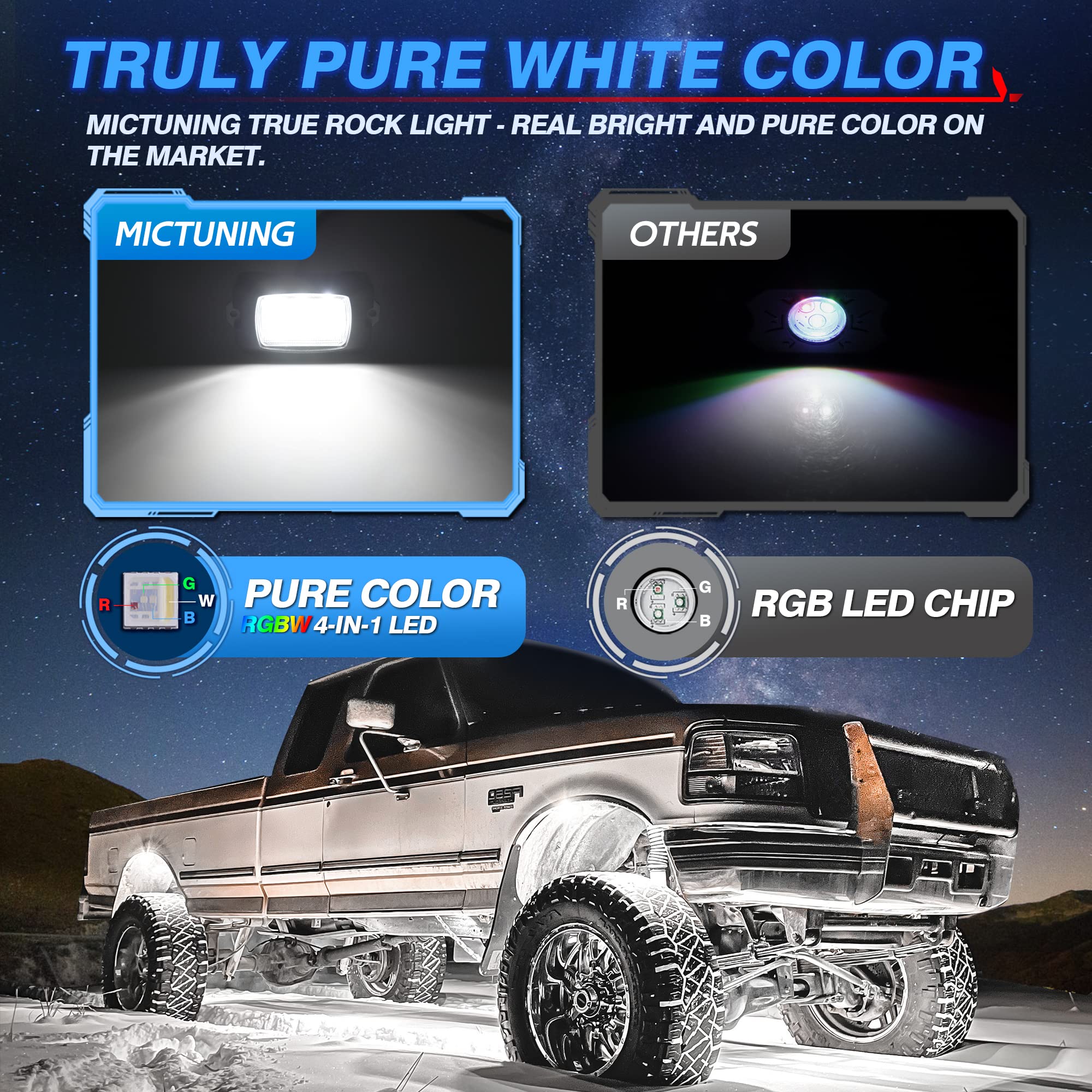 MICTUNING Q1 RGBW LED Rock Lights - 8 Pods Underglow Multicolor Neon Light Kit with Bluetooth App & Remote Control, Wiring Switch, Music Sync Mode - Perfect for Truck, ATV, UTV, RZR Off-Road Lighting & Custom Vehicle Styling